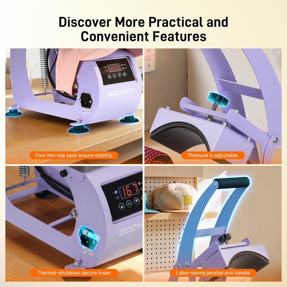 GOCHIFIX Heat Press, Precise Temp/Timer Control, 6.54"x3.84"Curved Heat Plate, 2 Hat Pad, Hat Stretcher, Safety Base, Glove, Hat Press Heat Machine for Caps, Sublimation, Vinyl, Heat Transfer GOCHIFIX