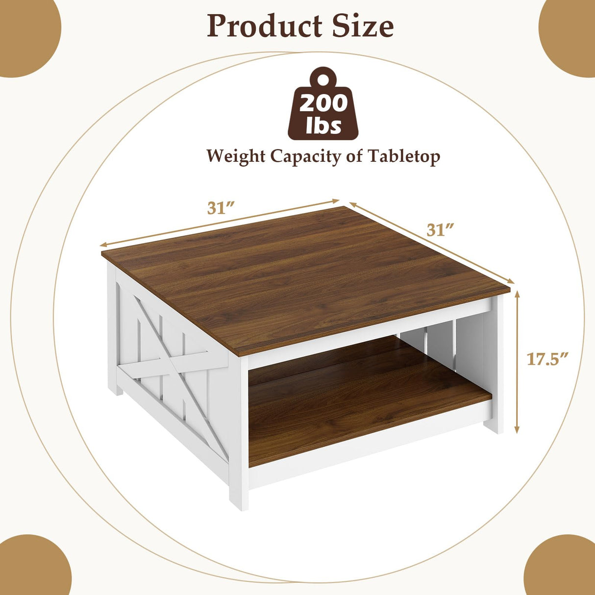 Giantex Farmhouse Coffee Table, 31 Inch Square Wood Coffee Table with Storage Shelf, 2-Tier Vintage Center Table with Open Compartment, Rustic Living Room Table for Home Office, White & Brown Giantex