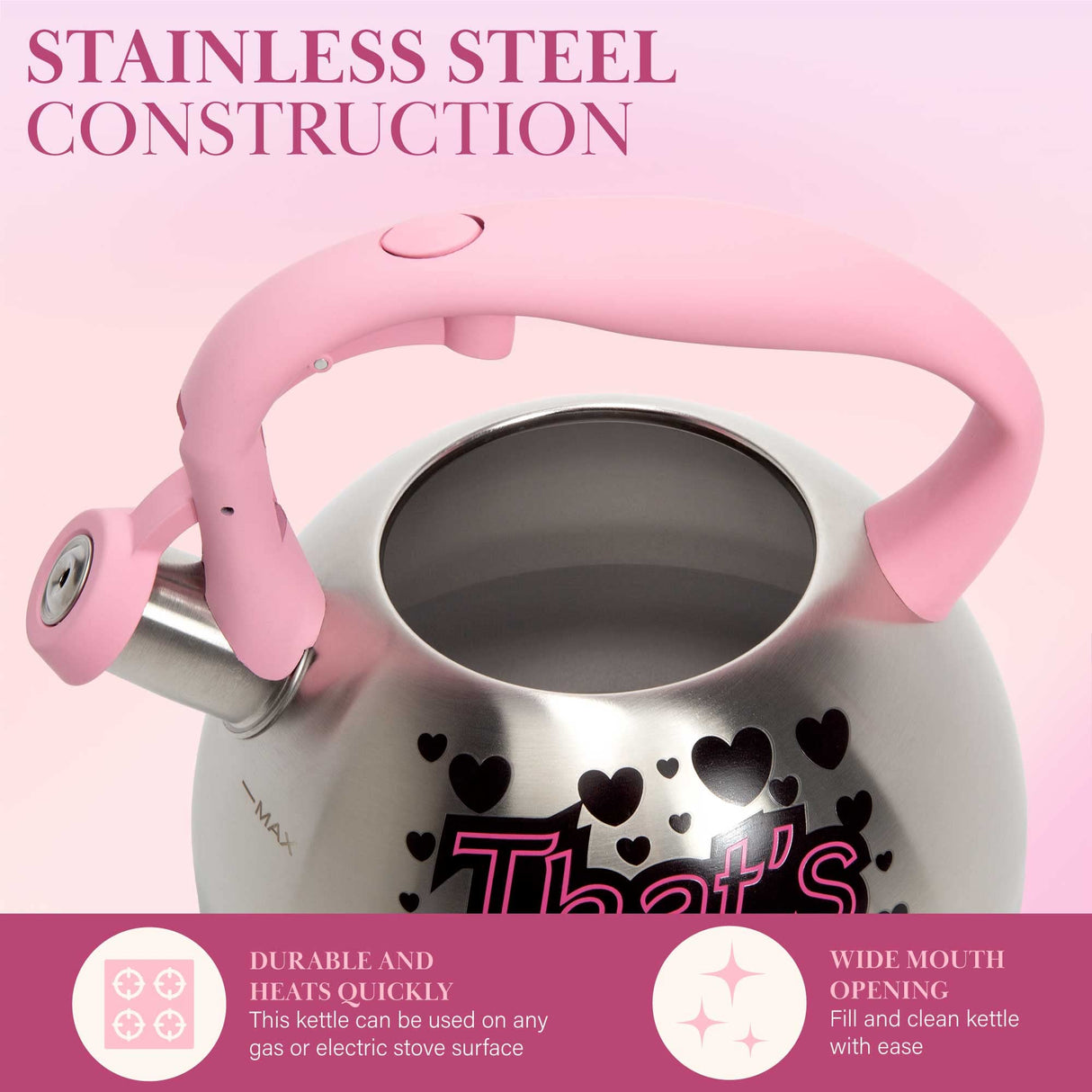 Paris Hilton Whistling Stovetop Tea Kettle, Stainless Steel with Color Changing "That's Hot" Heat Indicator Design, Soft Touch Handle, 2.5-Quart, Pink Paris Hilton