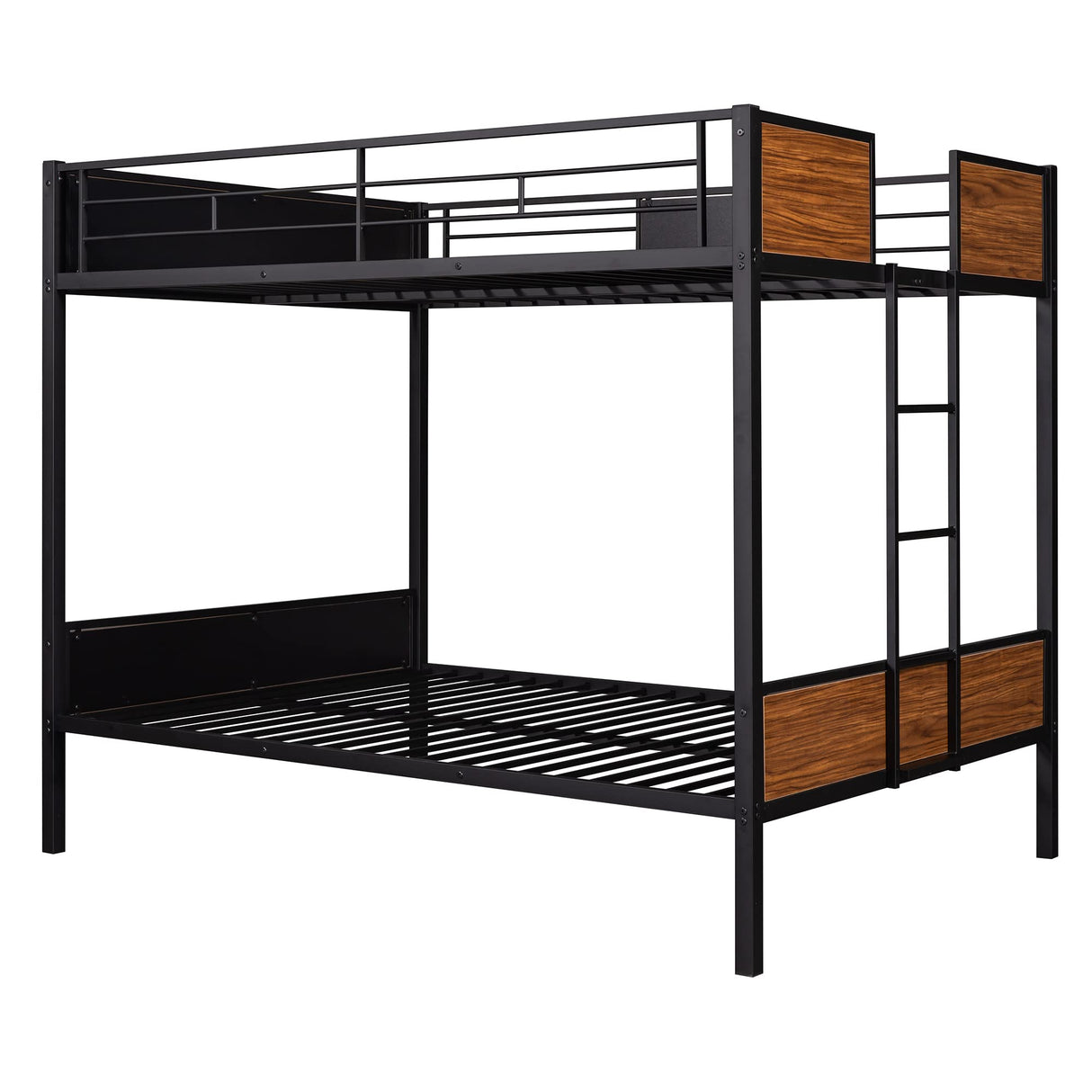 Full Over Full Metal Bunk Bed, Modern Style Heavy-Duty Steel Frame Bunk Bed with Safety Rail, Built-in Ladder for Bedroom, Dorm (Black + Brown) Bellemave
