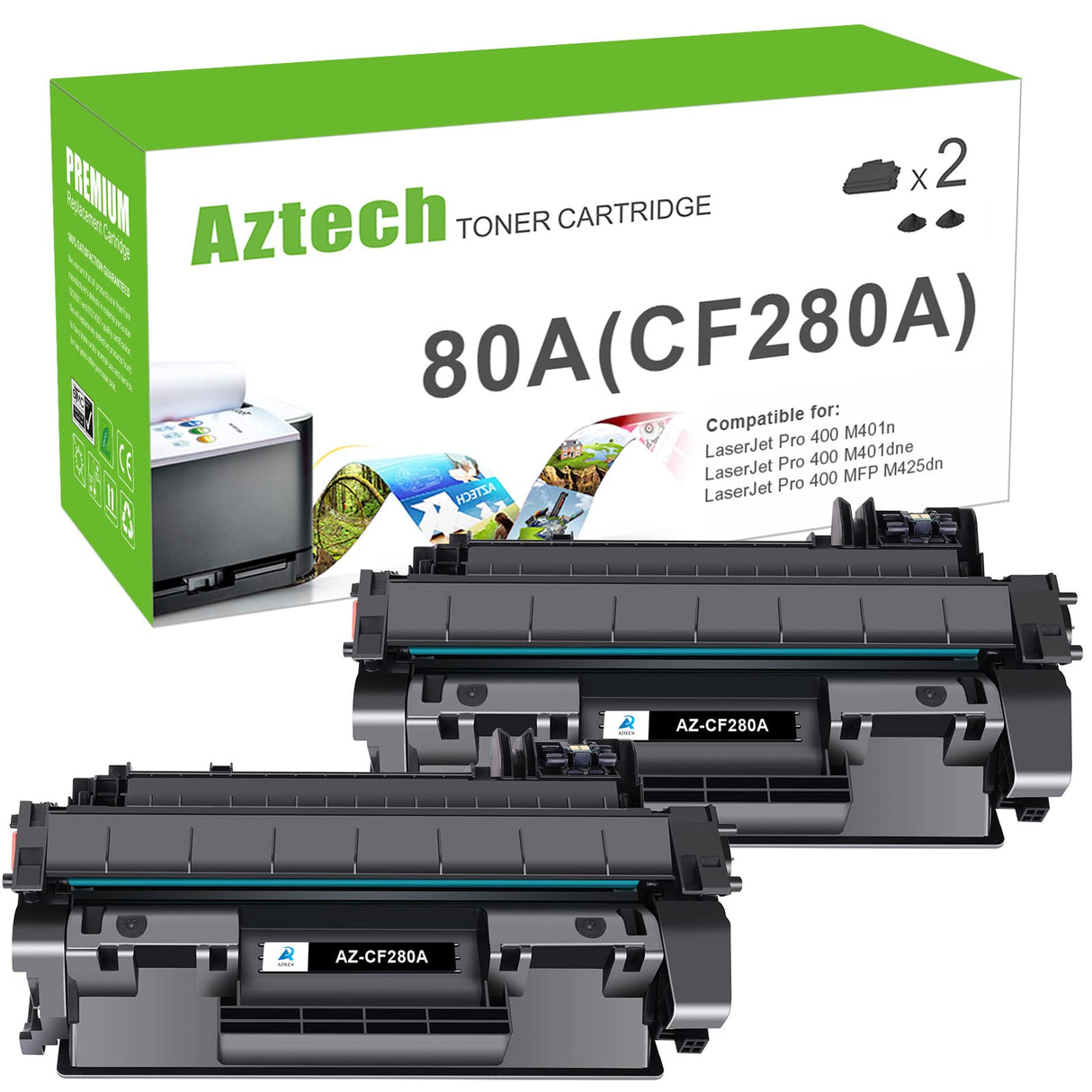Aztech Compatible Toner Cartridge Replacement for HP 80A CF280A 80X CF280X for HP Pro 400 M401A M401D M401N M401DNE MFP M425DN Printer Ink (Black, 2-Pack) Aztech
