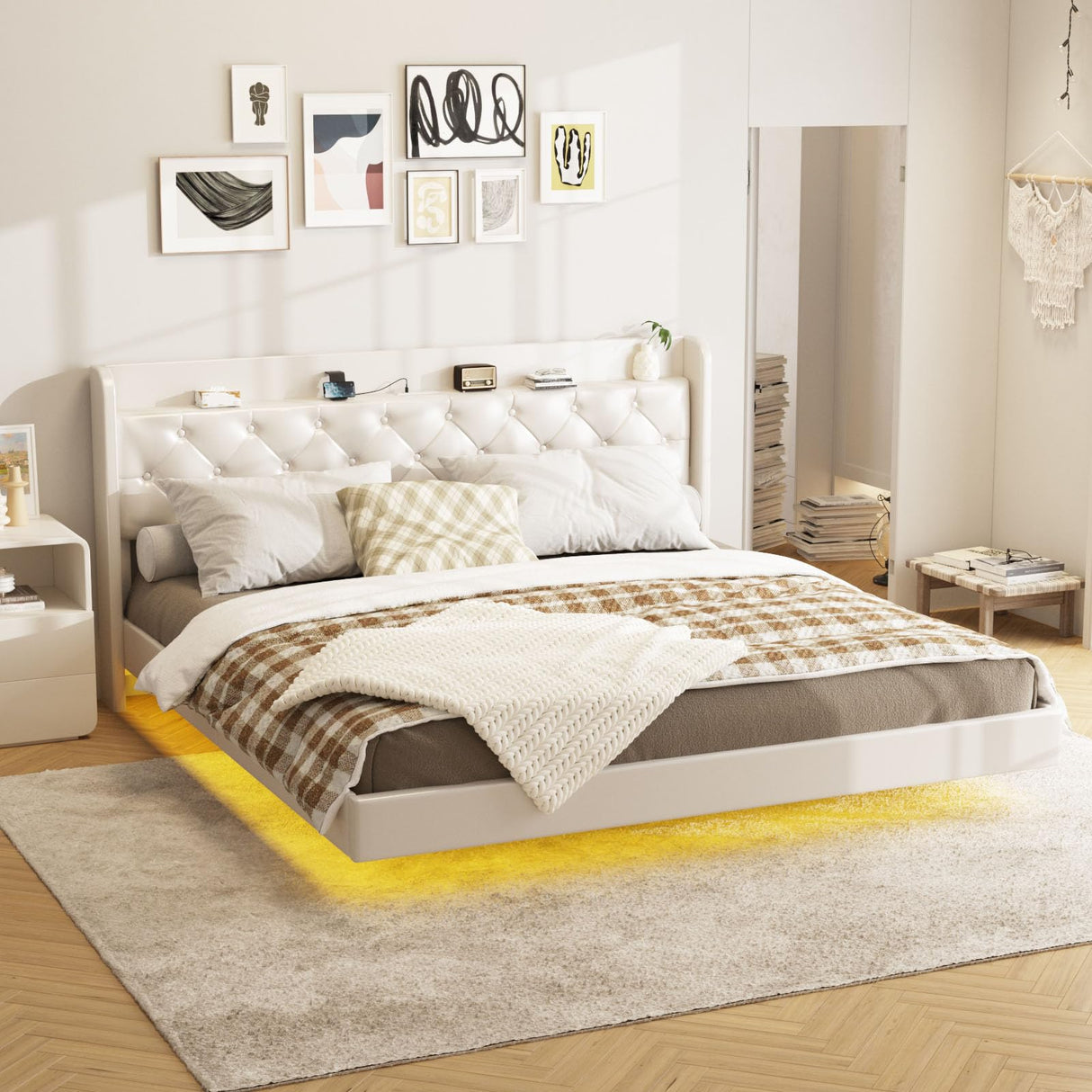 Halitaa White King Size Floating Bed Frame with LED Lights and Charging Station Halitaa