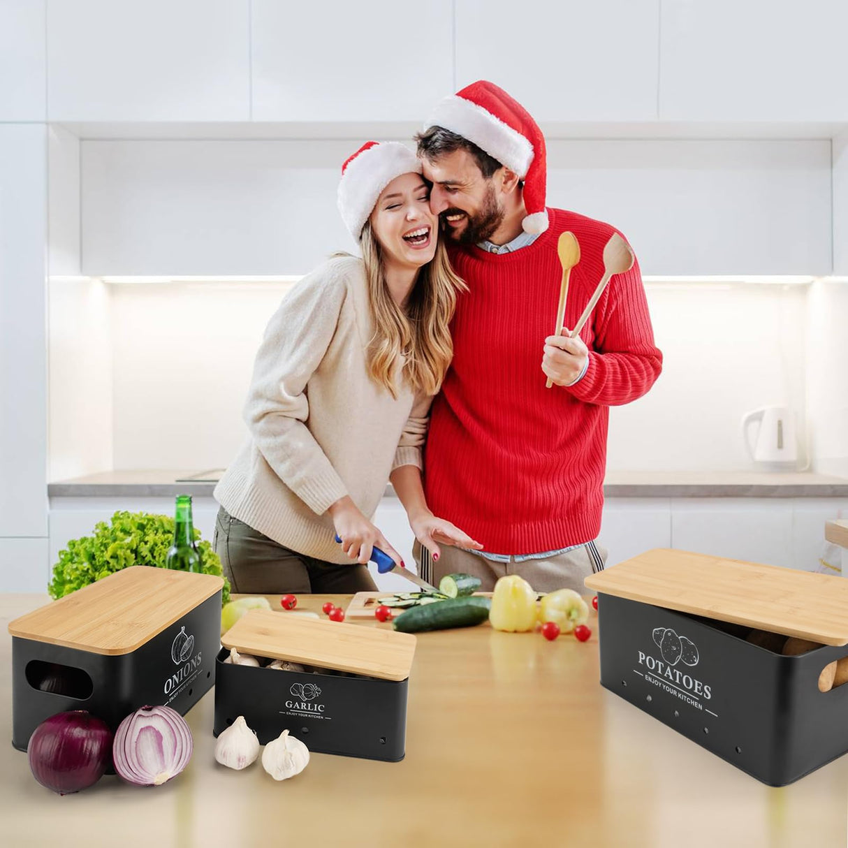 Dekosilave Kitchen Vegetable Storage Set of 3, Metal Onion Garlic Potato Storage Set, Kitchen Canisters Vegetable Keeper Containers with Aerating Holes and Wooden Lid (Black) Dekosilave