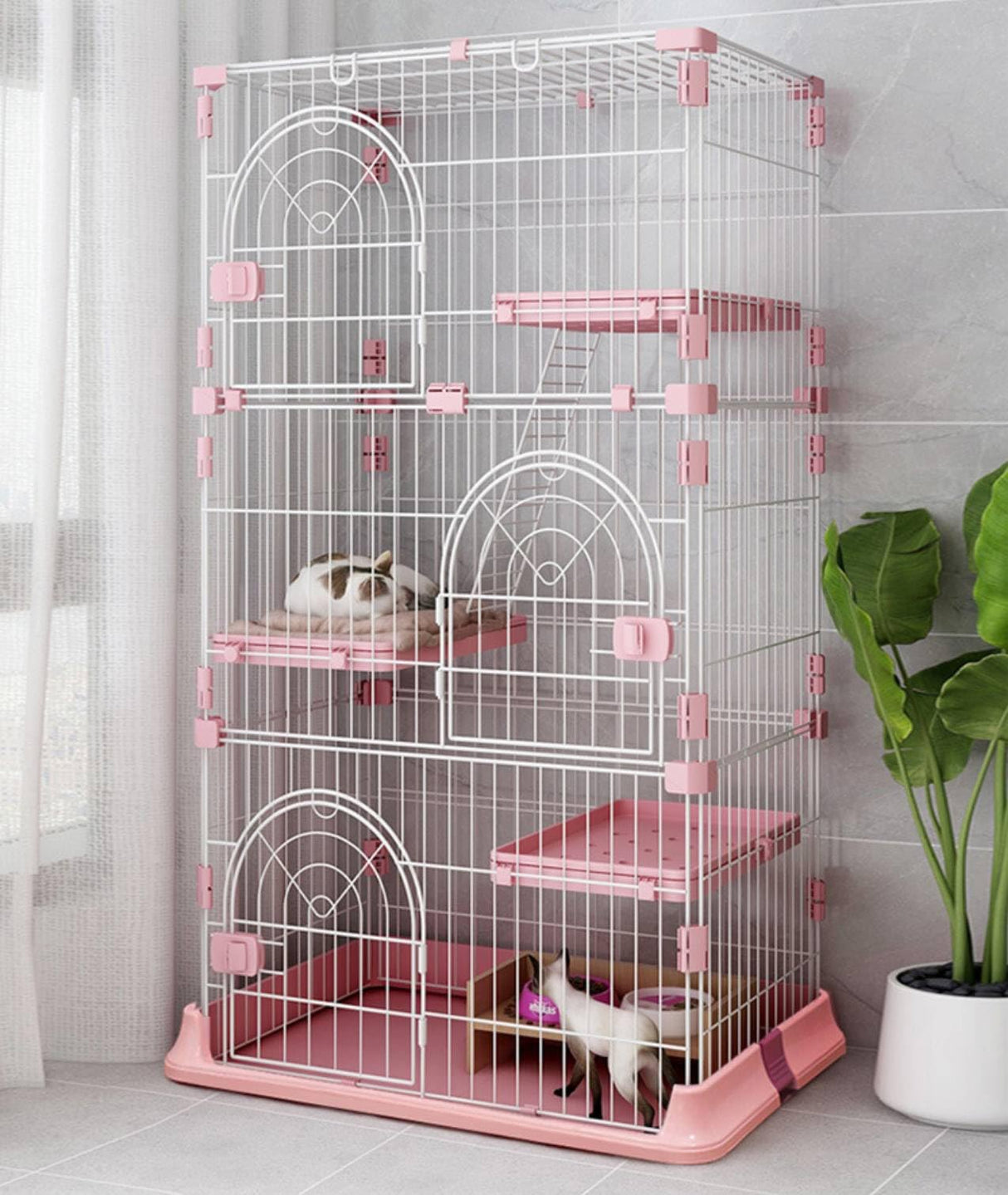 Hamiledyi Indoor Cat Cage 52 Inches Cat Villa Large Pet Crate with 3 Platforms and 1 Ramp Ladders Metal Cat Playpen with 3 Doors Outdoor Cat Enclosures Kitten Cage for Small and Medium Pets (Pink) Hamiledyi