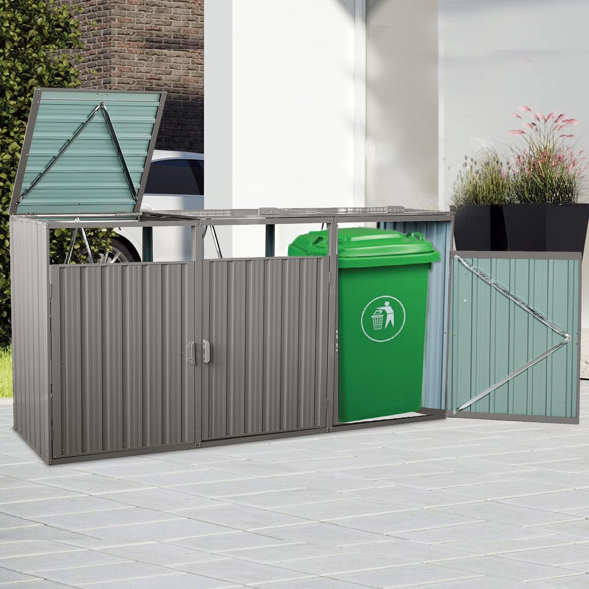 Outdoor Trash Can Storage,Metal Storage Shed,Outdoor Storage Shed for Garbage Cans, Garden Accessories, Backyard, and Patio Use, Lockable, Light Grey Zjjseloru
