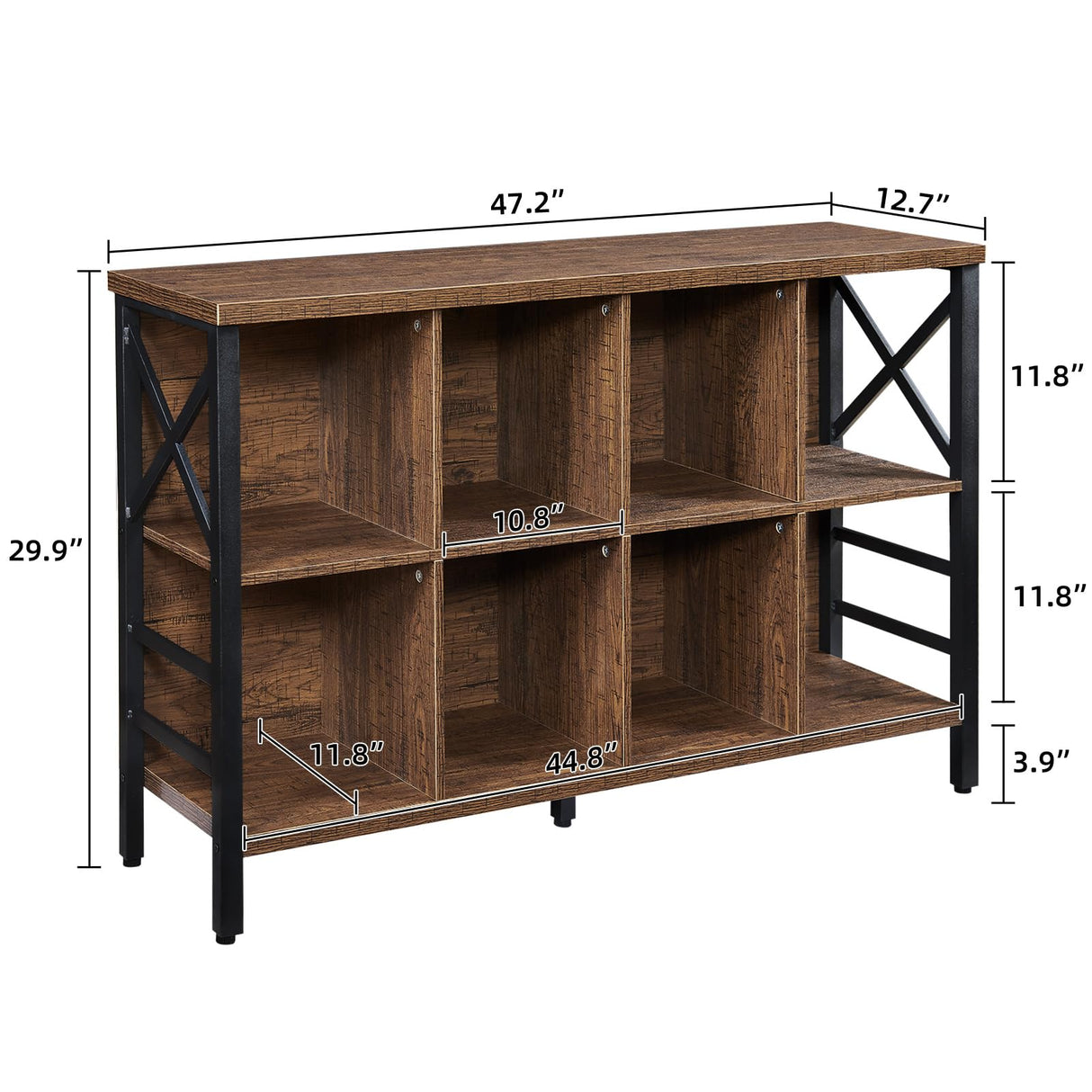 HOMBAZAAR Cube Storage Organizer Shelf, Industrial Horizontal Bookshelf with 8 Cube Storage, Rustic Low Cube Bookshelf with 3 Shelves, Short Wide Bookcase for Office,Living Room,Apartment,Brown HOMBAZAAR