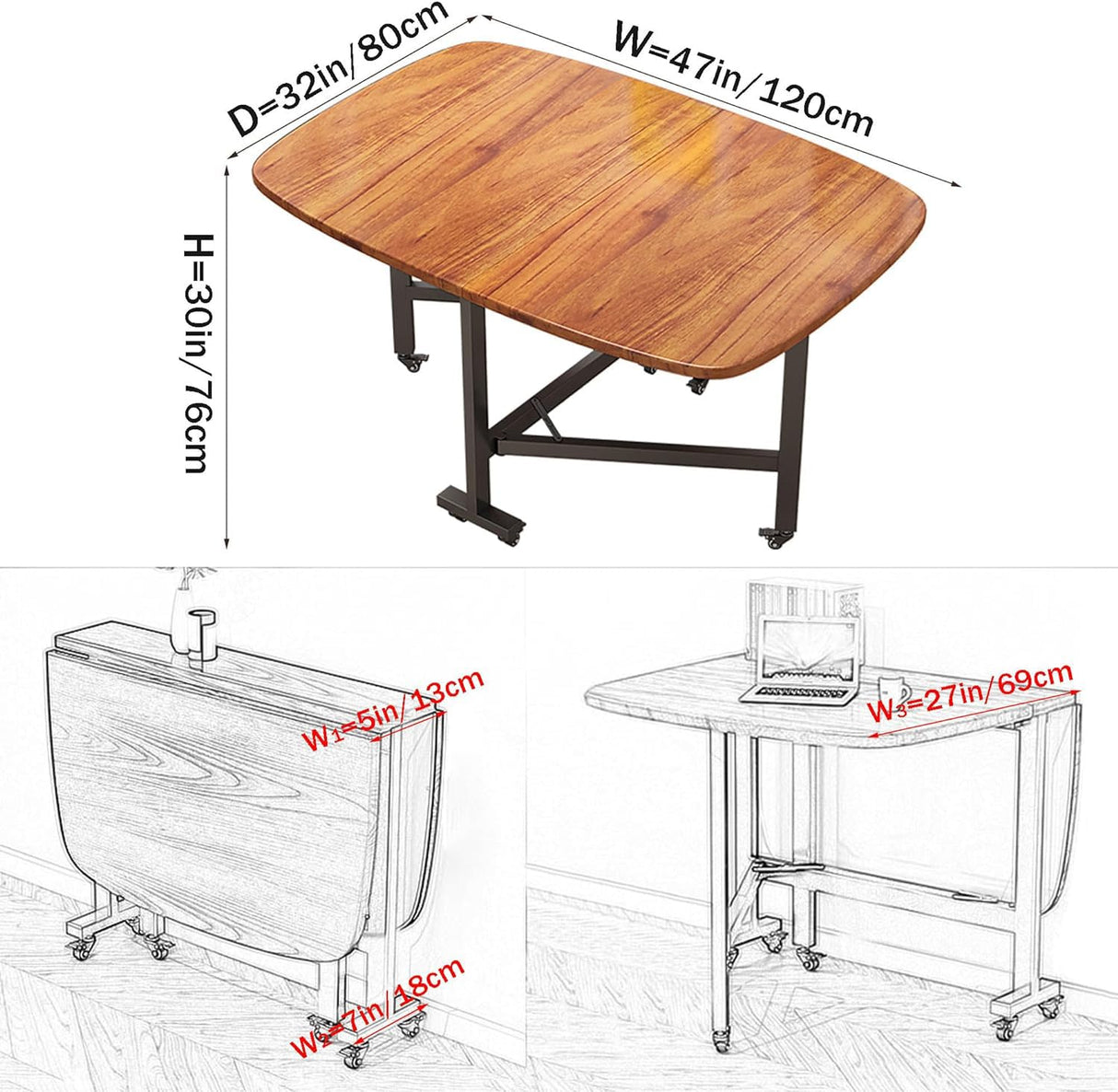 Rukulin Multifunction Table Drop Leaf Dining Table - 47" Solid Wooden Foldable Kitchen Table with 6 Wheels (Brown) Rukulin