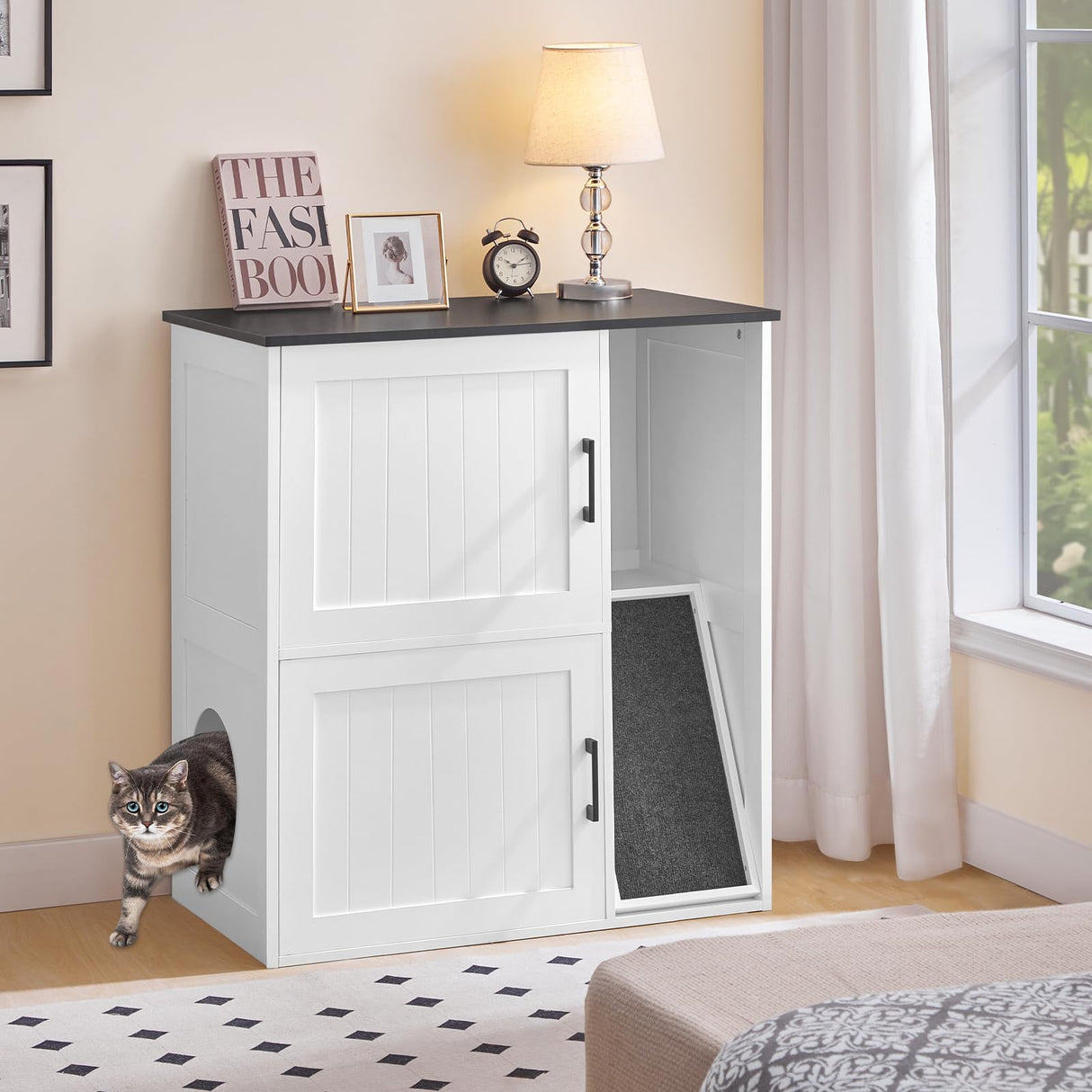 MAHANCRIS Litter Box Enclosure for 2 Cats, Hidden Litter Box Furniture with Scratch Pad, Double Litter Boxes Enclosure, Wooden Cat Washroom, Indoor Cat House End Table, White and Black CWBB3201 MAHANCRIS