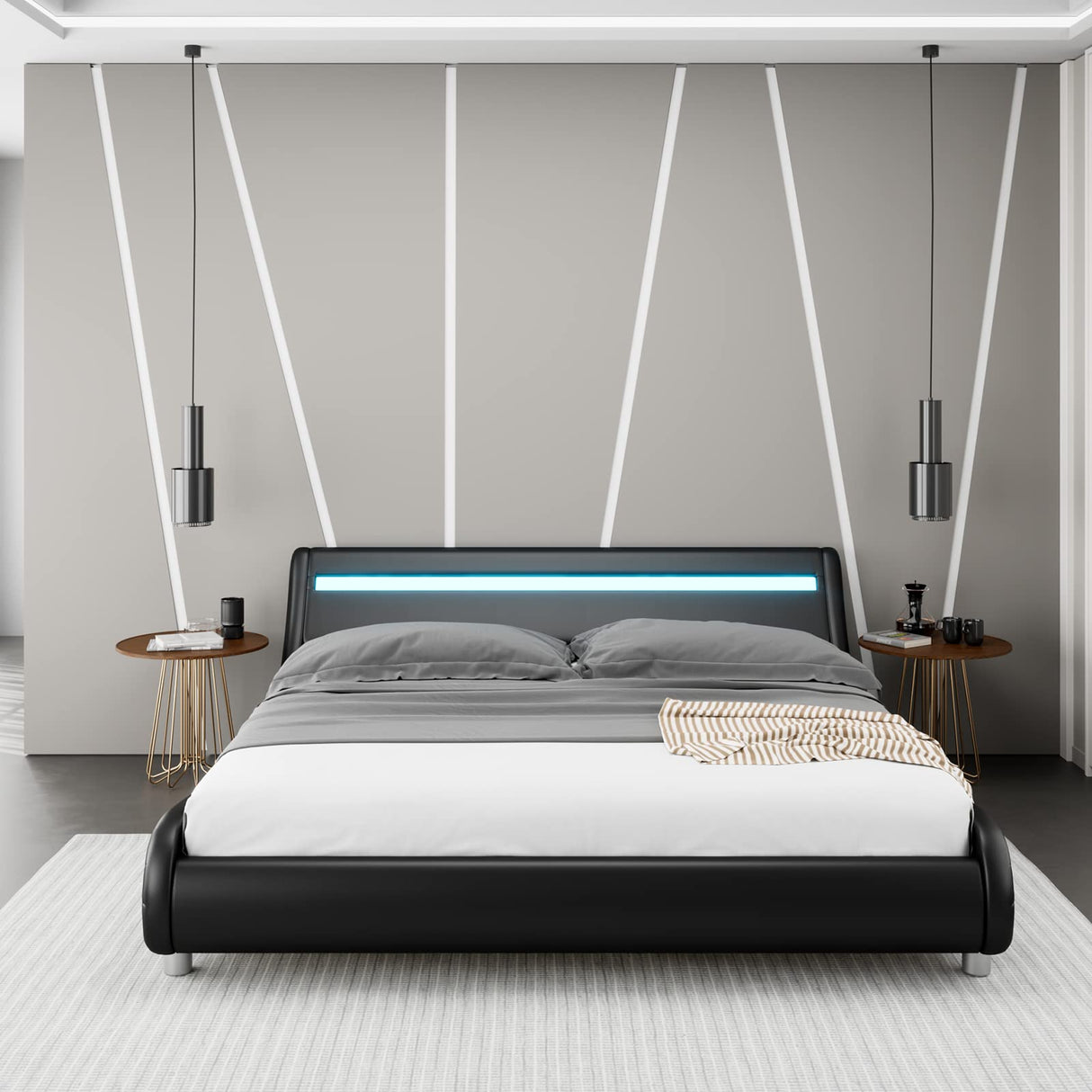 Keyluv Upholstered Full LED Bed Frame with Headboard, Modern Low Profile Platform Bed with Strong Slats Support, Faux Leather Wave-Like Bed Frame, Easy Assembly, No Box Spring Needed, Black Keyluv
