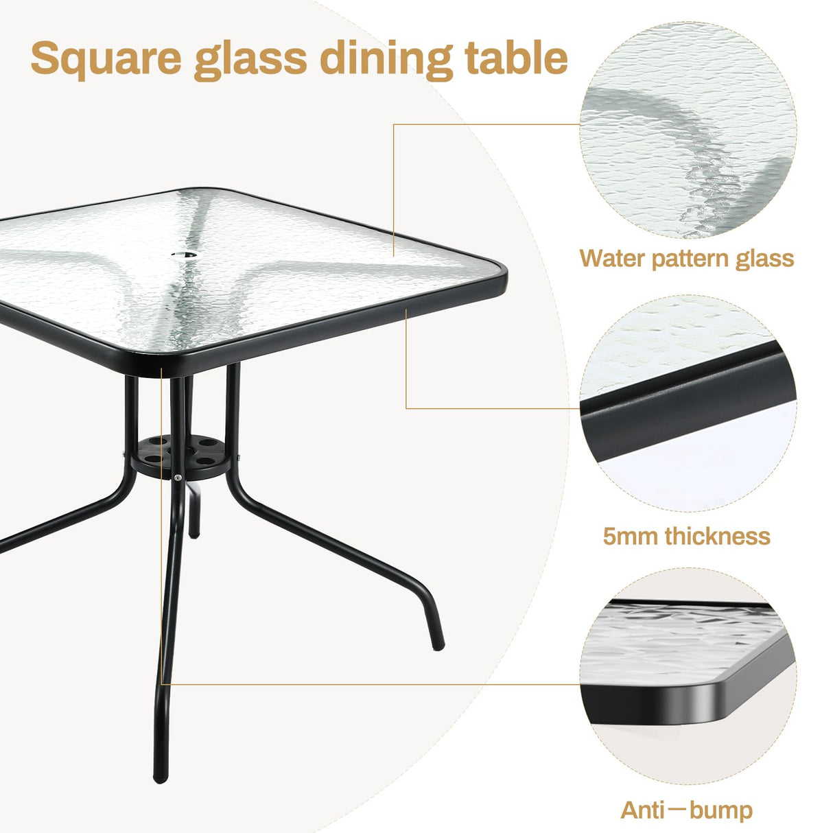 Arlopu 5 Piece Outdoor Patio Dining Set (Umbrella not Included), Porch Furniture with 4 Textline Chairs, 1 Square Glass Table for Garden, Backyard and Poolside, Lawn (Black) Arlopu