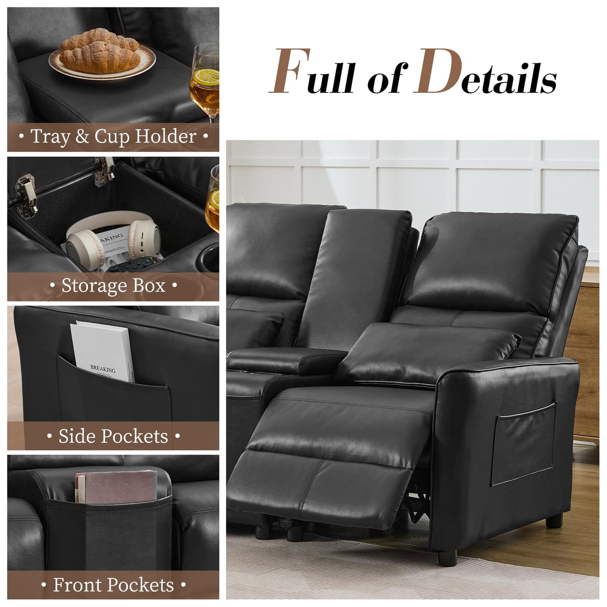 Loveseat Recliner Sofa, Push Back Double Wall Hugger Reclining Sofa Chair with Console, 2 Seat Leather Home Theater Seating with Cup Holder, Manual Comfy RV Furniture Sofa for Living Room, Light Black SENIFIS