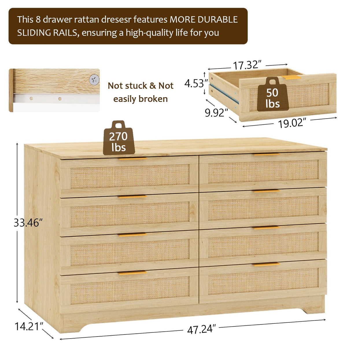 HOPUBUY 8 Drawer Dresser for Bedroom, Rattan Modern Closet Dressers Chest of Drawers, Boho Wood Double Wicker Dresser Storage Closet for Bedroom, Living Room, Entryway (Natural) HOPUBUY
