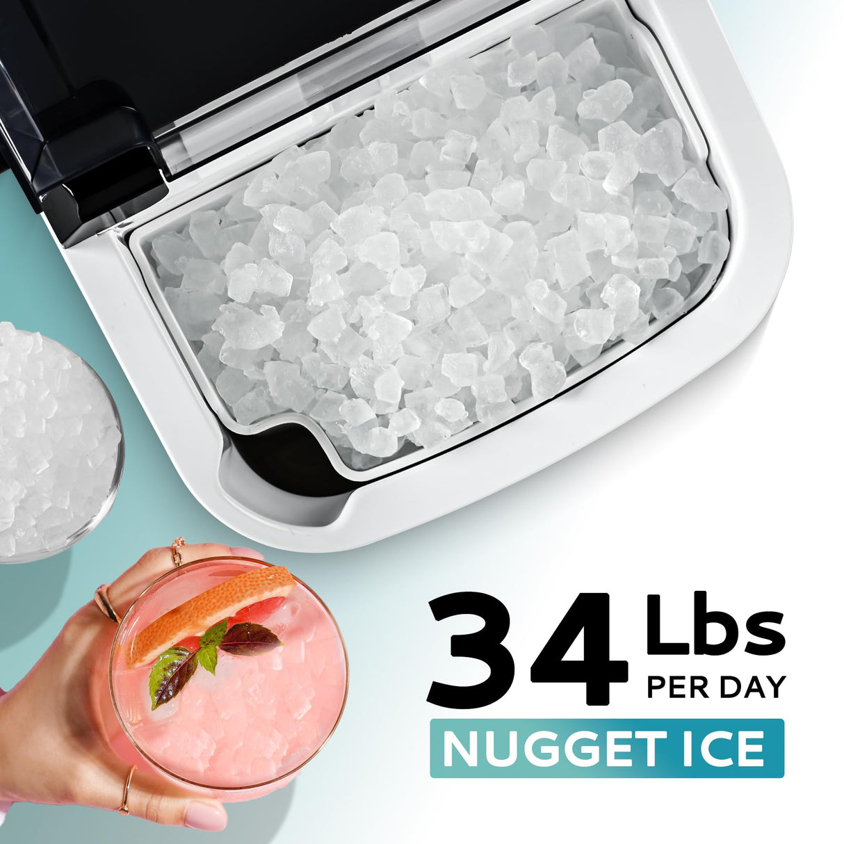 EUHOMY Nugget Ice Maker Countertop with Handle, Ready in 6 Mins, 34lbs Per Day, Removable Top Cover, Auto-Cleaning, Portable Sonic Ice Maker with Basket and Scoop, for Home/Party/RV/Camping (Black) EUHOMY
