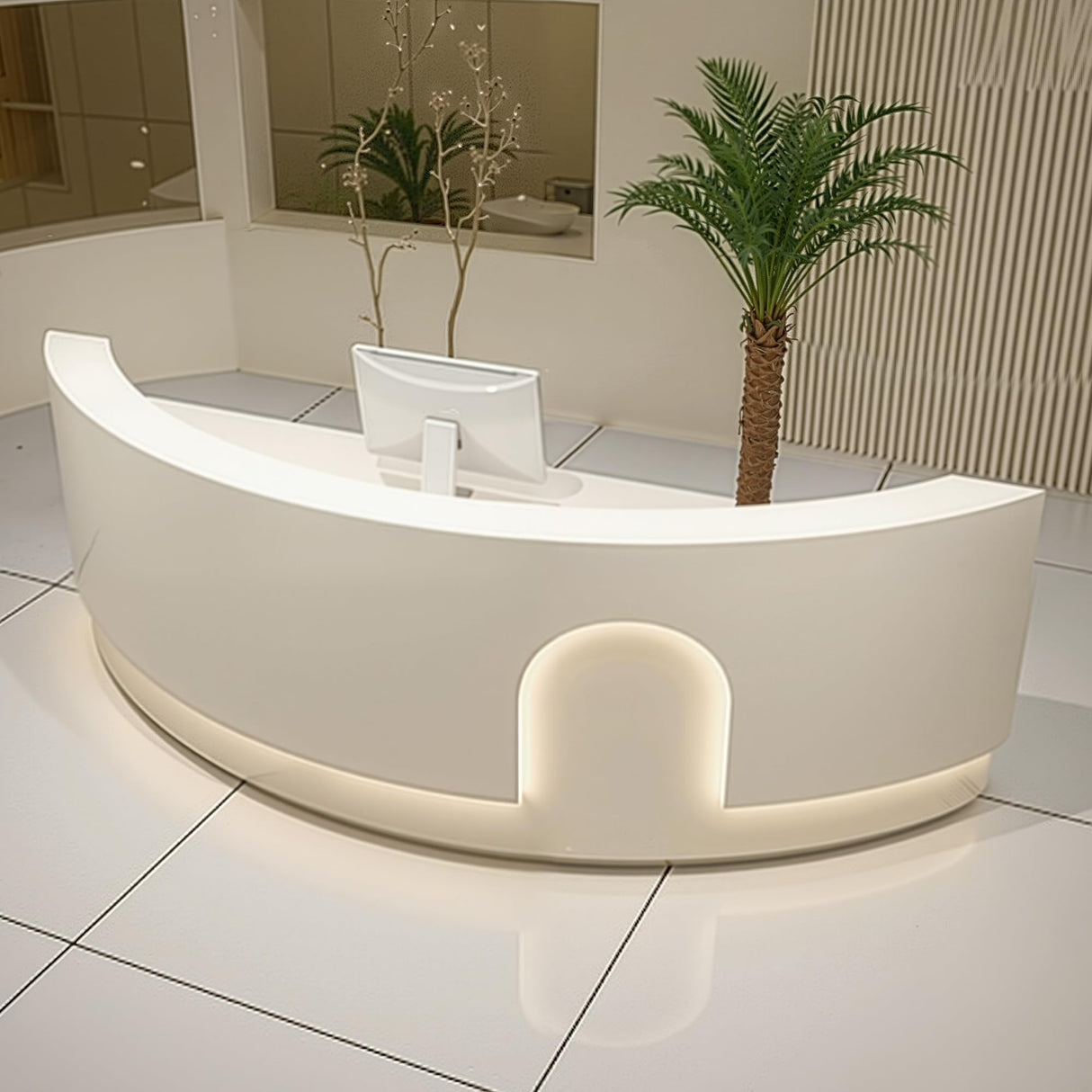 odrma Retail Counter, Arc Receptionist Desk for Beauty Salon Clothing Store Retail Counter, Office Boutique Lobby, Customized Logo No Assembly Required Ships in One Piece, with Hidden LED Lighting odrma