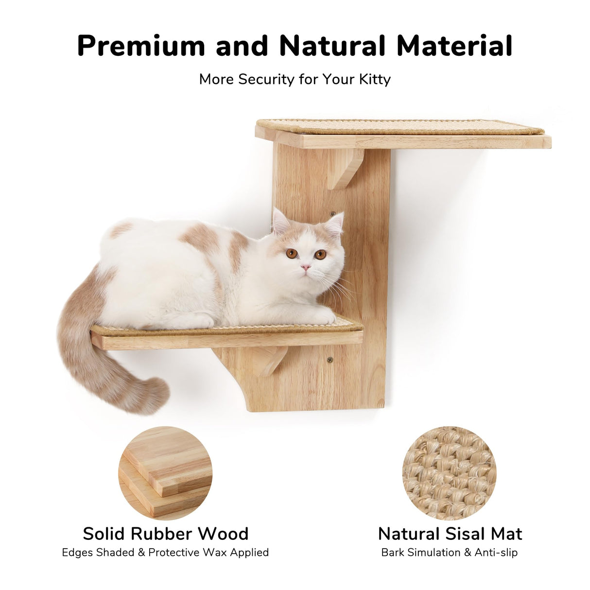 FUKUMARU Cat Wall Shelves, 2 Platform Cat Wall Furniture, Tree Shape Wall-Mounted Cat Floating Shelf with Sisal Mat, Solid Rubber Wood Cat Perch for 16 Inch Drywall, Suitable for Climb, Play, Nap FUKUMARU
