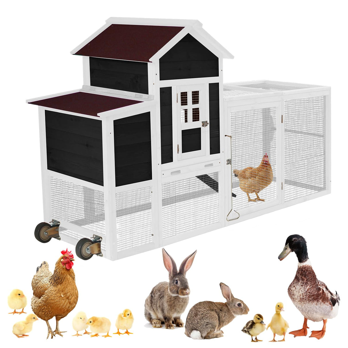 Ecolinear 80” Mobile Chicken Coop for 1-2 Chickens with Wheels,Outdoor Wooden Hen House with Nesting Box,Large Rabbit Hutch, Outside Poultry House,Wire Fence Run Cages,Weatherproof for Backyard,Black ECOLINEAR