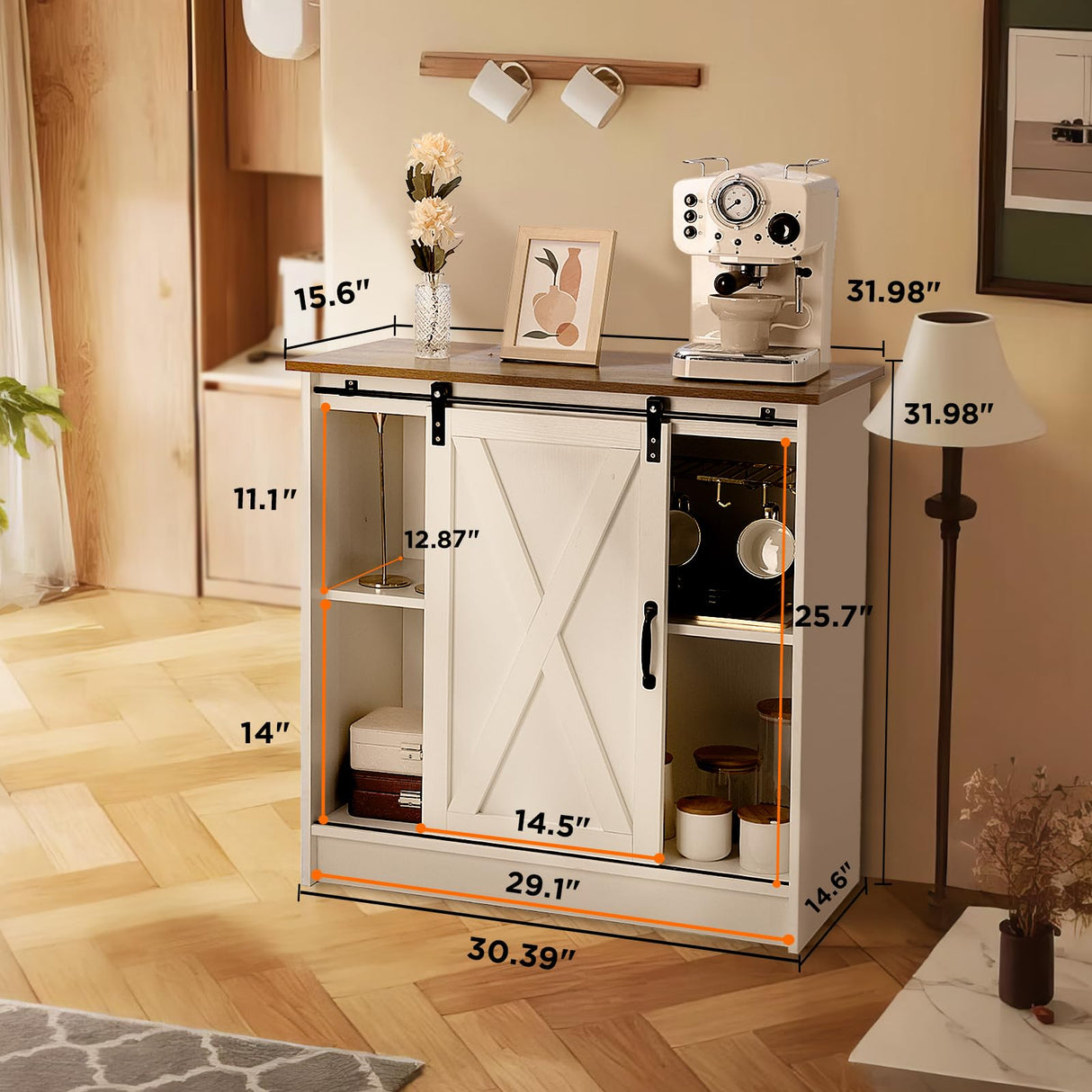 COSYSUPER Farmhouse Style Coffee Bar Cabinet with Sliding Barn Door and Adjustable Shelves in White COSYSUPER