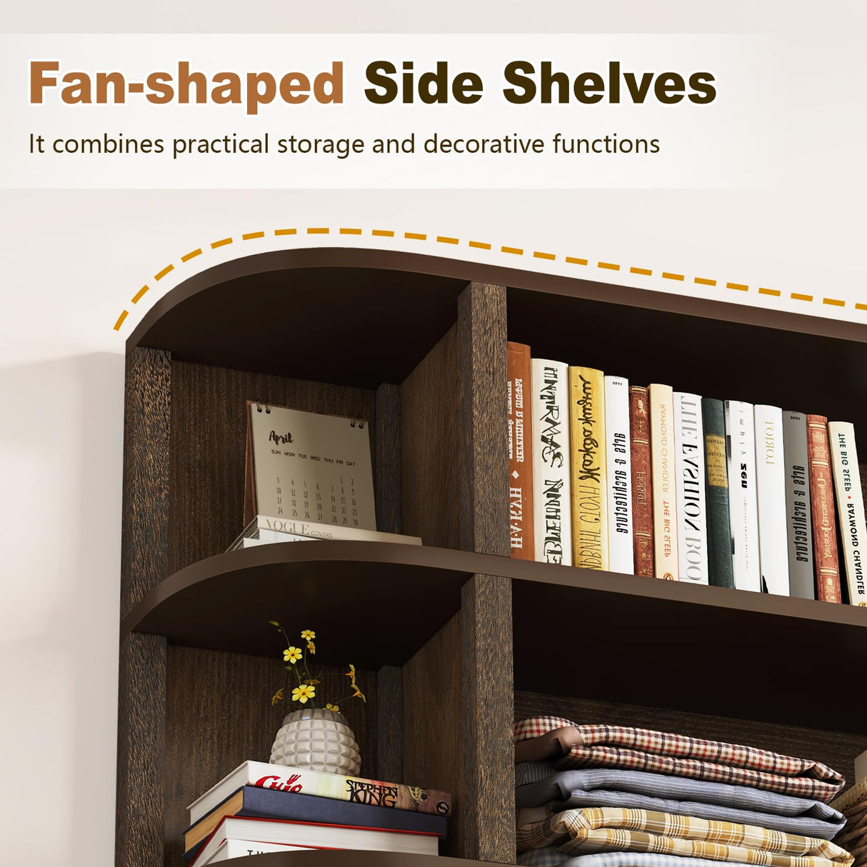TVU 5-Tier Wood Book Shelf, 47" Wide Large Bookshelf and Bookcase, 62" Tall Bookshelf with Curved Side Shelves, Freestanding Wood Display Book Shelves for Living Room, Home Office, Walnut TVU