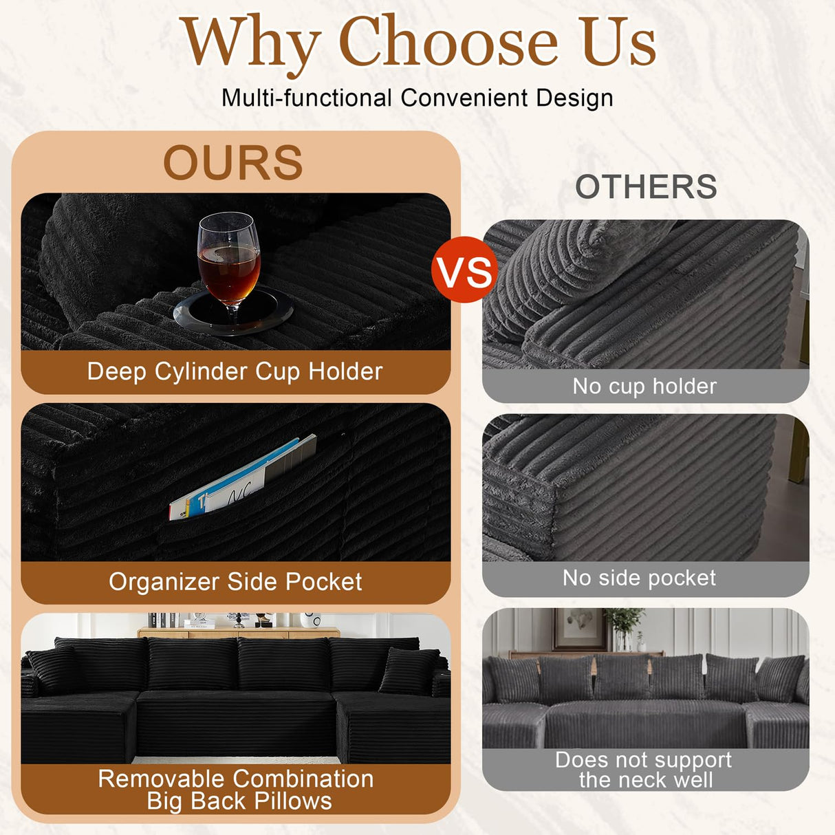 134 Inch Modular Sectional Sleeper Sofa, Boneless Cloud Couch for Living Room, U Shaped 5 Seat Sofa with 2 Storage Pockets& 2 Cup Holders, Free Combination, No Assembly Required (Black) HANXIN