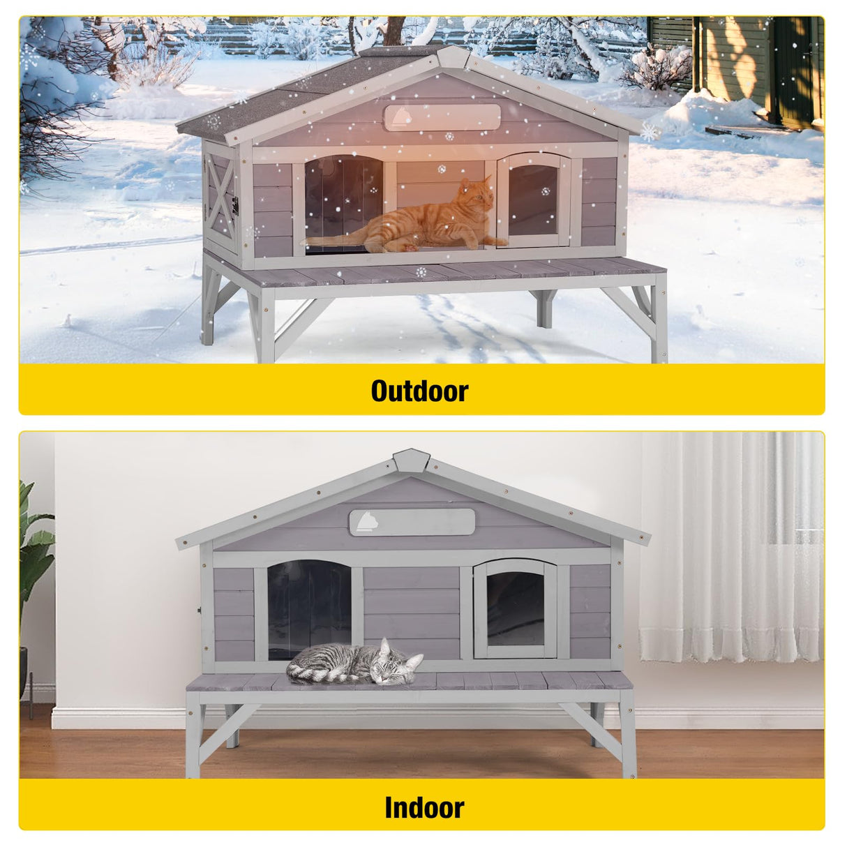 Outdoor Cat House Feral Kitty Shelter with Large Opening Roof Wooden Weatherproof Cat Shelter for Winter,Escape Door Aivituvin