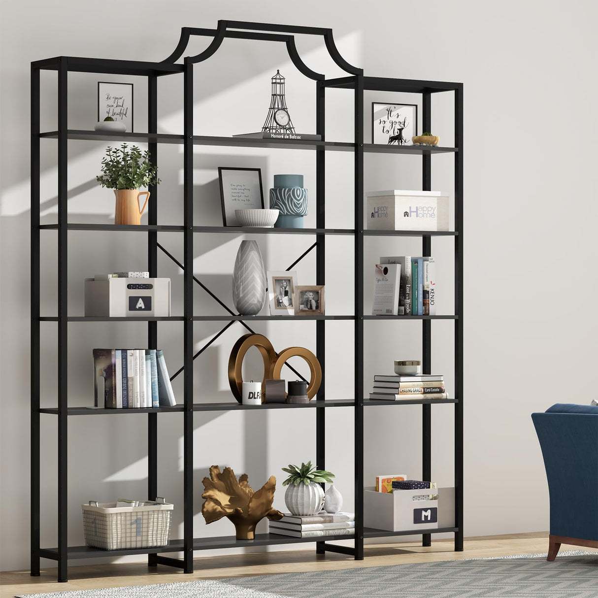 Auromie Triple Wide 5-Tier Bookshelf, 70.87" L x 79.13" H Extra Large Bookcase, Tall Open Etagere Display Shelf with Metal Frame, Freestanding Modern Storage Shelves for Home Office (Black) Auromie