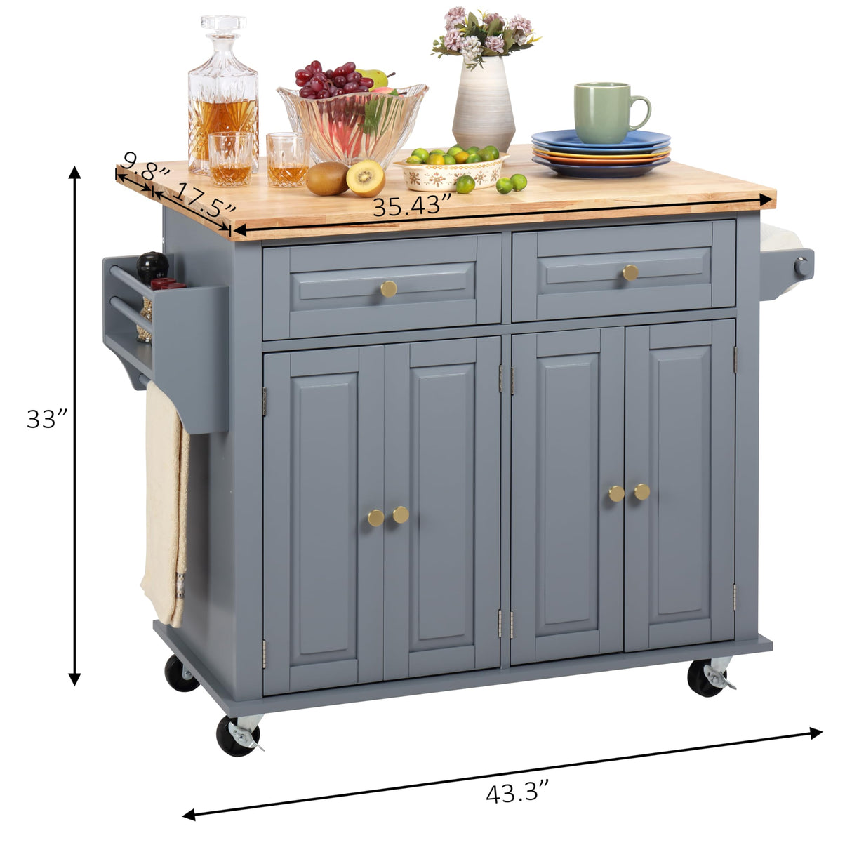 Finnhomy Rolling Kitchen Island With Drop Leaf, Thicken Rubberwood Top, Spice Rack, Towel Rack, Drawer, 43.3" Portable Mobile Kitchen Island Carts Table, Storage Cabinet, Both Wheels and Feet Included Finnhomy
