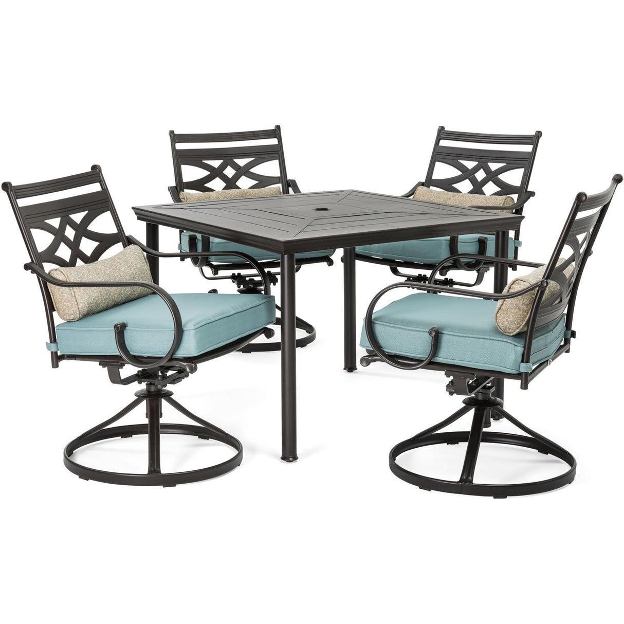 Hanover Montclair 5-Piece Outdoor Dining Set with Stamped Steel Square Dining Table and 4 Swivel Rocker Chairs with Cushions, Weather-Resistant Patio Dining Set for 4, Patio, Backyard, Deck Hanover