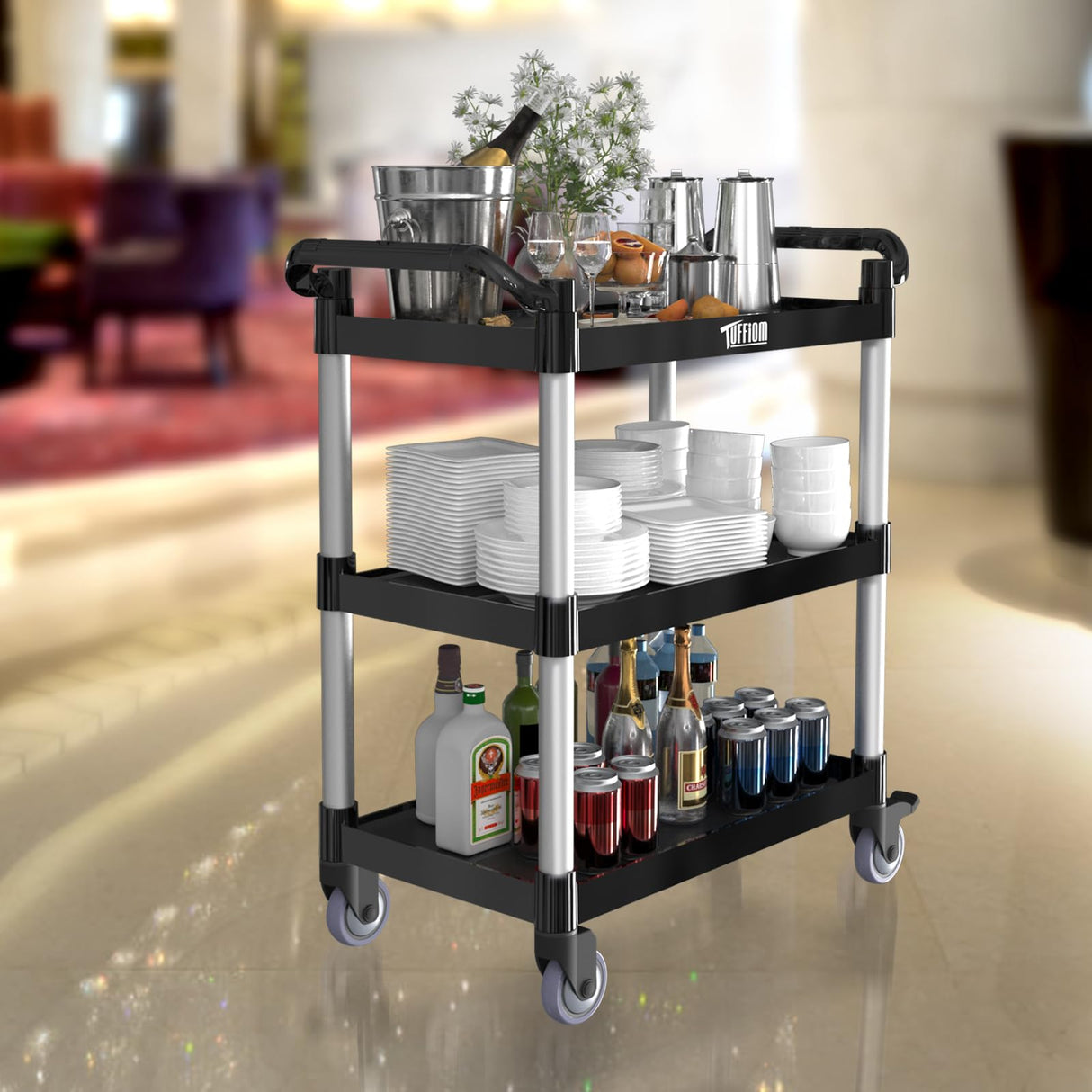 TUFFIOM 3-Tier Plastic Service Utility Cart with Wheels, Heavy Duty 390lbs Capacity, Commercial Rolling Ideal for Restaurant, Foodservice, Office, Warehouse, Black 34.8''L x 17.4''W x 38.6''H TUFFIOM