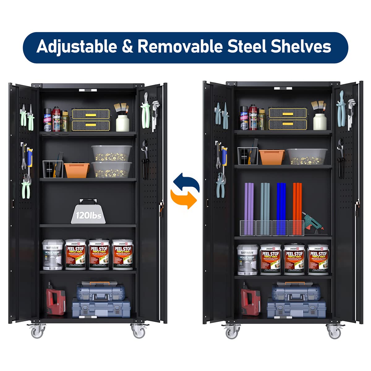 GangMei Garage Storage Cabinet with Wheels & Pegboard, 72" H Locking Metal Storage Cabinet with Doors and Shelves, Rolling Steel Cabinet for Garage, Craft Workshop, Home (Black) GangMei