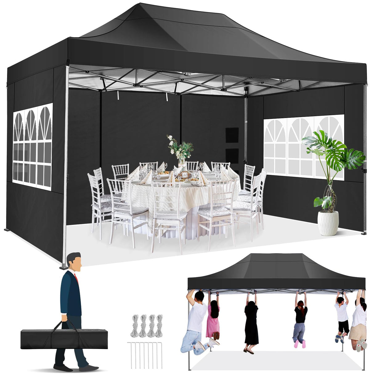 COBIZI 10x15 Pop up Canopy Tent Heavy Duty with 4 Sidewalls, Easy Set-up Commercial Outdoor Party Tent, 100% Waterproof Wedding Canopy Gazebo, 3 Height Adjustable with Handbag, Black COBIZI
