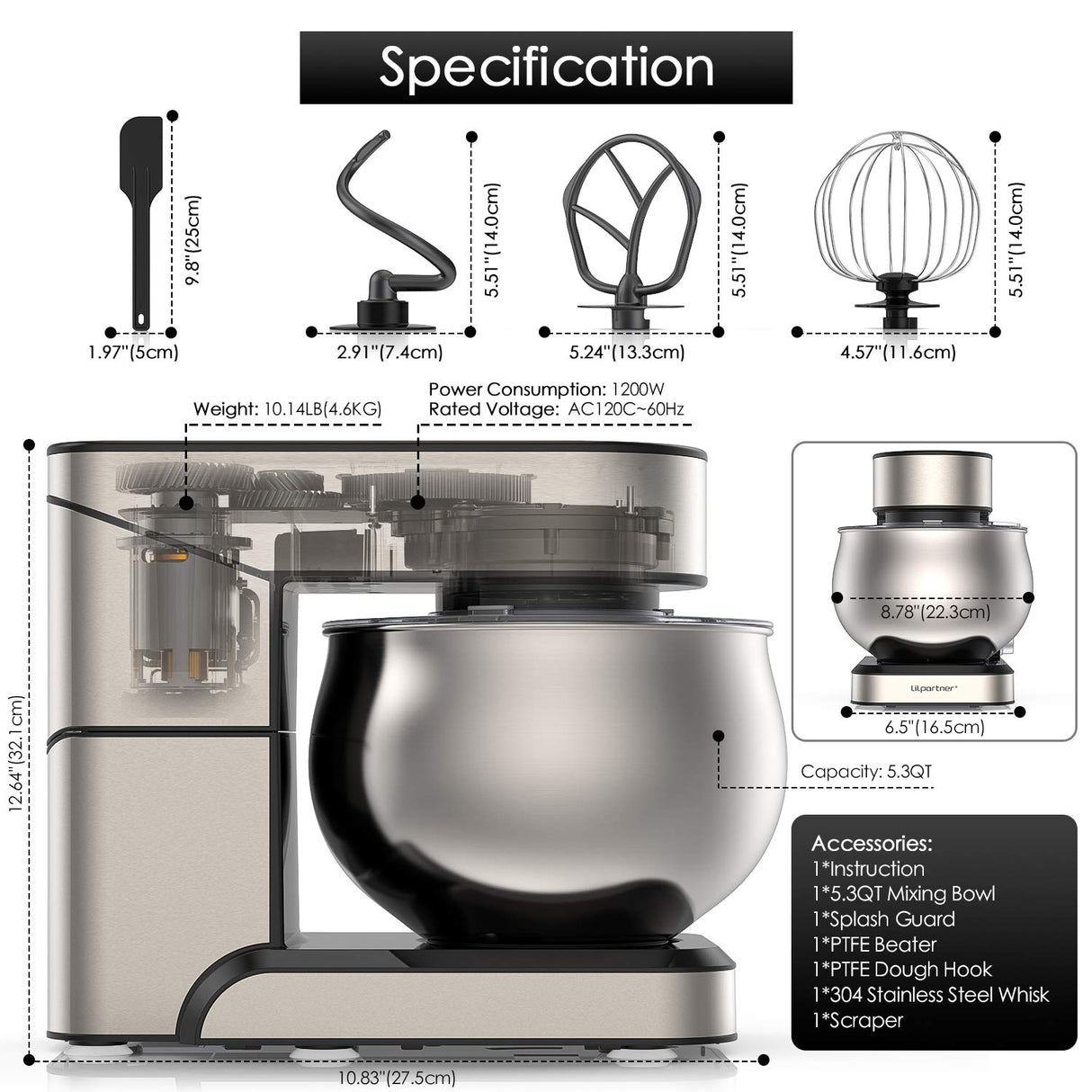 Stand Mixer, Stainless Steel Mixer 5.3-QT LCD Display Food Mixer, 6+P Speed itchen Electric Mixer Tilt-Head Mixer with Stainless Steel Bowl, Dough Hook, Beater, Whisk LILPARTNER