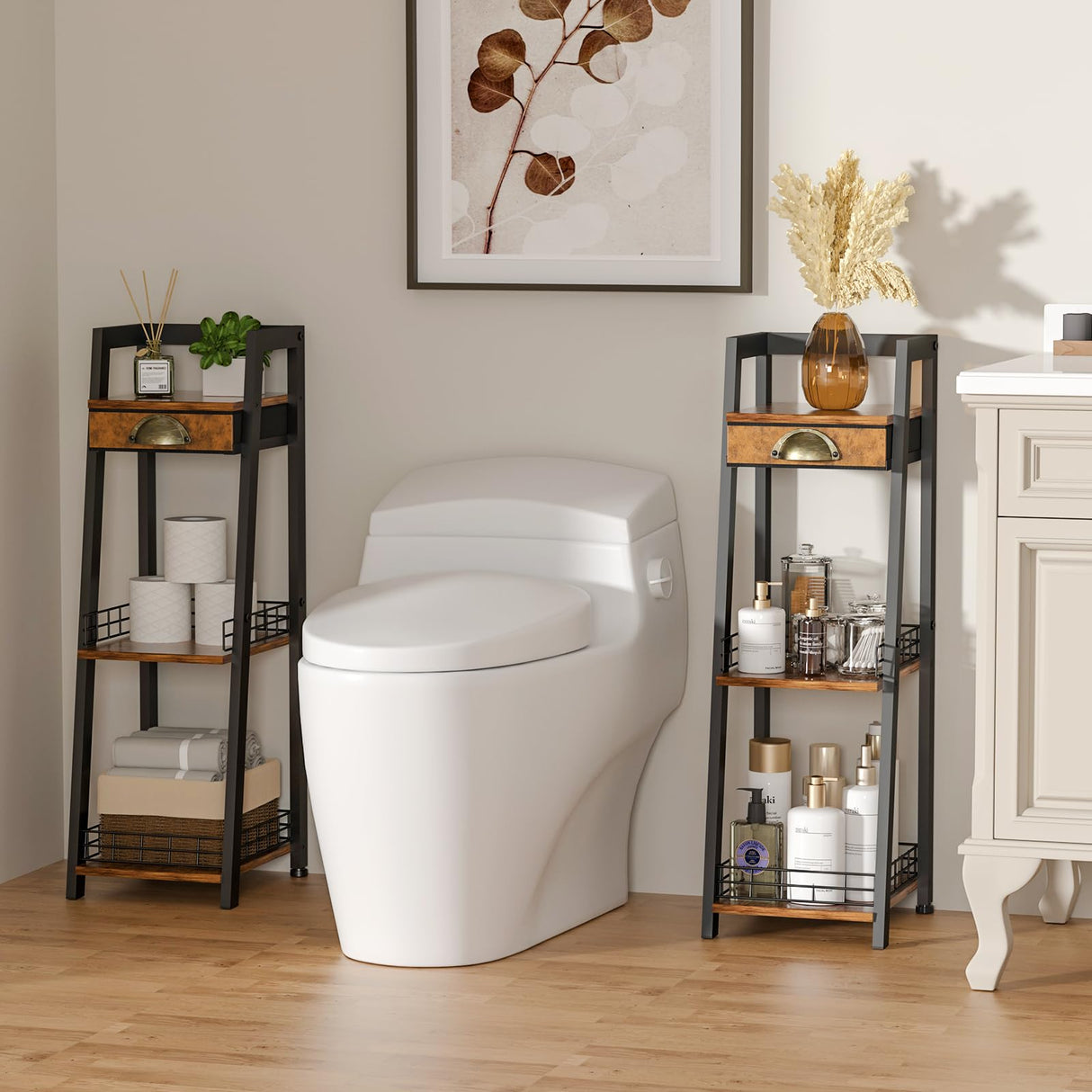 keomaisyto 3-Tier Narrow Bathroom Shelves with Drawer, Bathroom Organizers and Storage, Open Floor Ladder Shelf, Freestanding Tower Slim Standing Unit for Small Spaces - Rustic Brown keomaisyto