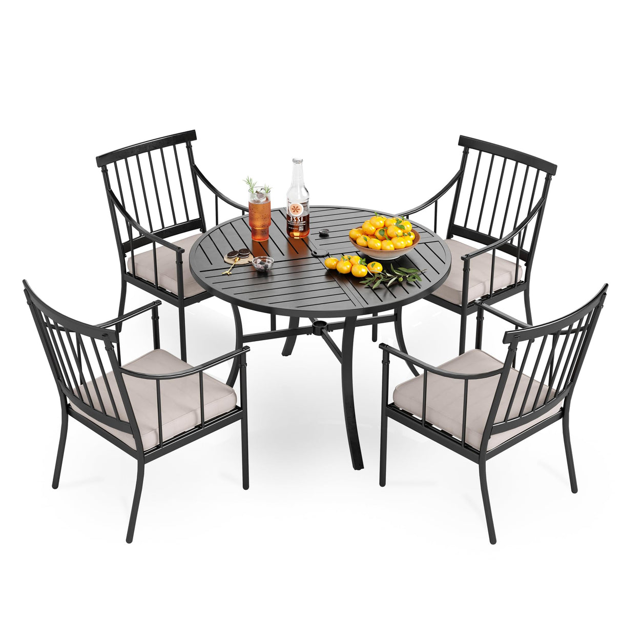 PHI VILLA 5 Piece Outdoor Dining Set for 4, Round Steel Dining Table with Umbrella Hole & Heavy-Duty Metal Chairs with Cushions, Modern Patio Dining Furniture Set for Deck, Backyard, Porch PHI VILLA