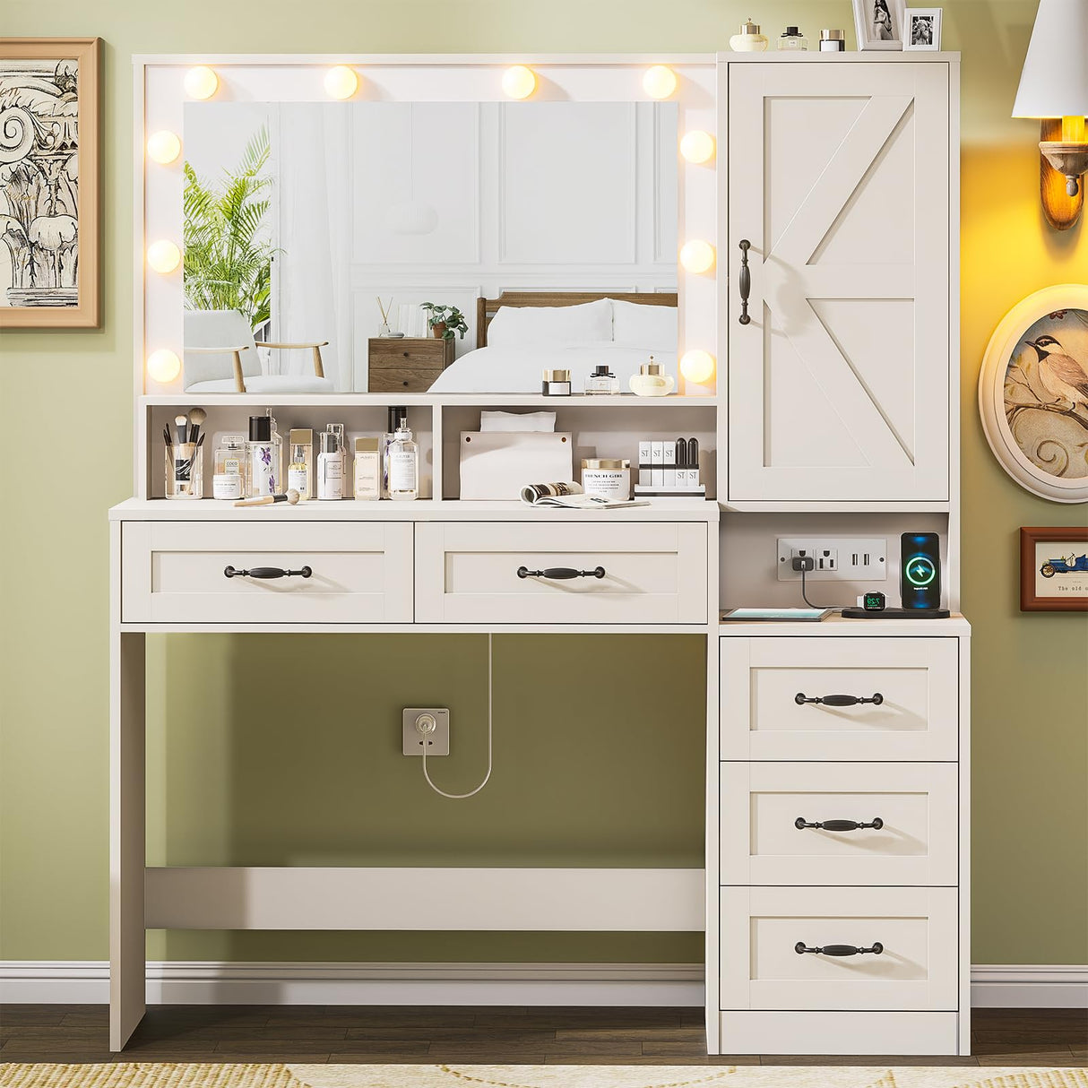 DINGIPP Farmhouse Vanity Desk with Mirror and 10 Led Lights, 45.3" Large Makeup Vanity Table with Power Outlet, 5 Drawers and 1 Cabinet, Vanity Set Dressing Table with 9 Hooks for Women Girls (White) DINGIPP