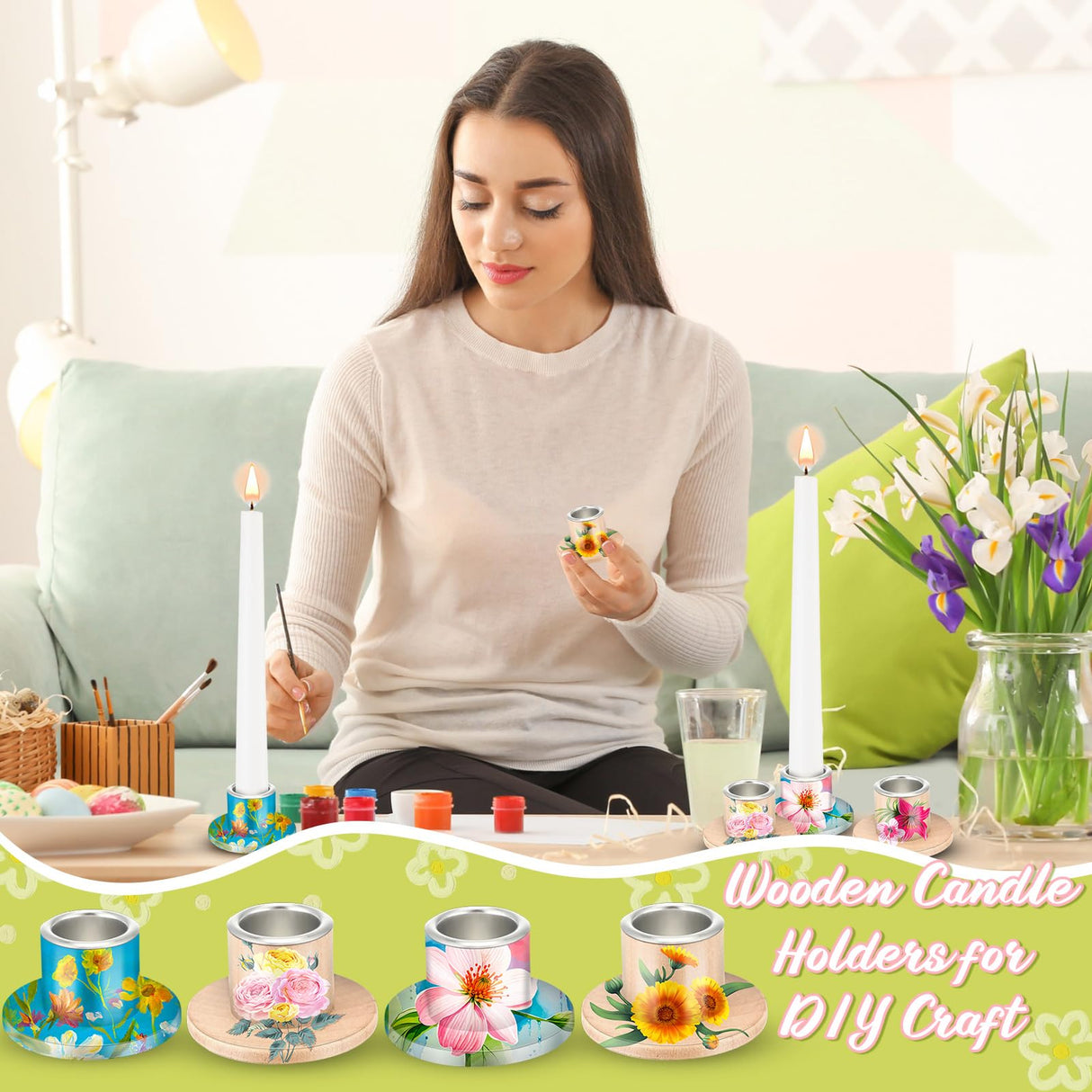 Havawish 24 Pcs Unfinished Blank Wooden Candlestick Holders Bulk Taper Candle Holders with Metal Candle Cups DIY Painting Decor for Wedding, Party Table Dining Decor Havawish