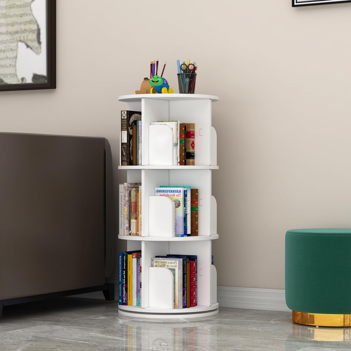 CuFun 3 Tier Rotating Bookshelf, 360 Display Spinning Bookcase, Corner Bookshelf, Floor Standing Revolving Bookcase Storage Rack, Narrow Book Shelf Organizer for Small Space, Bedroom, Office, White CuFun