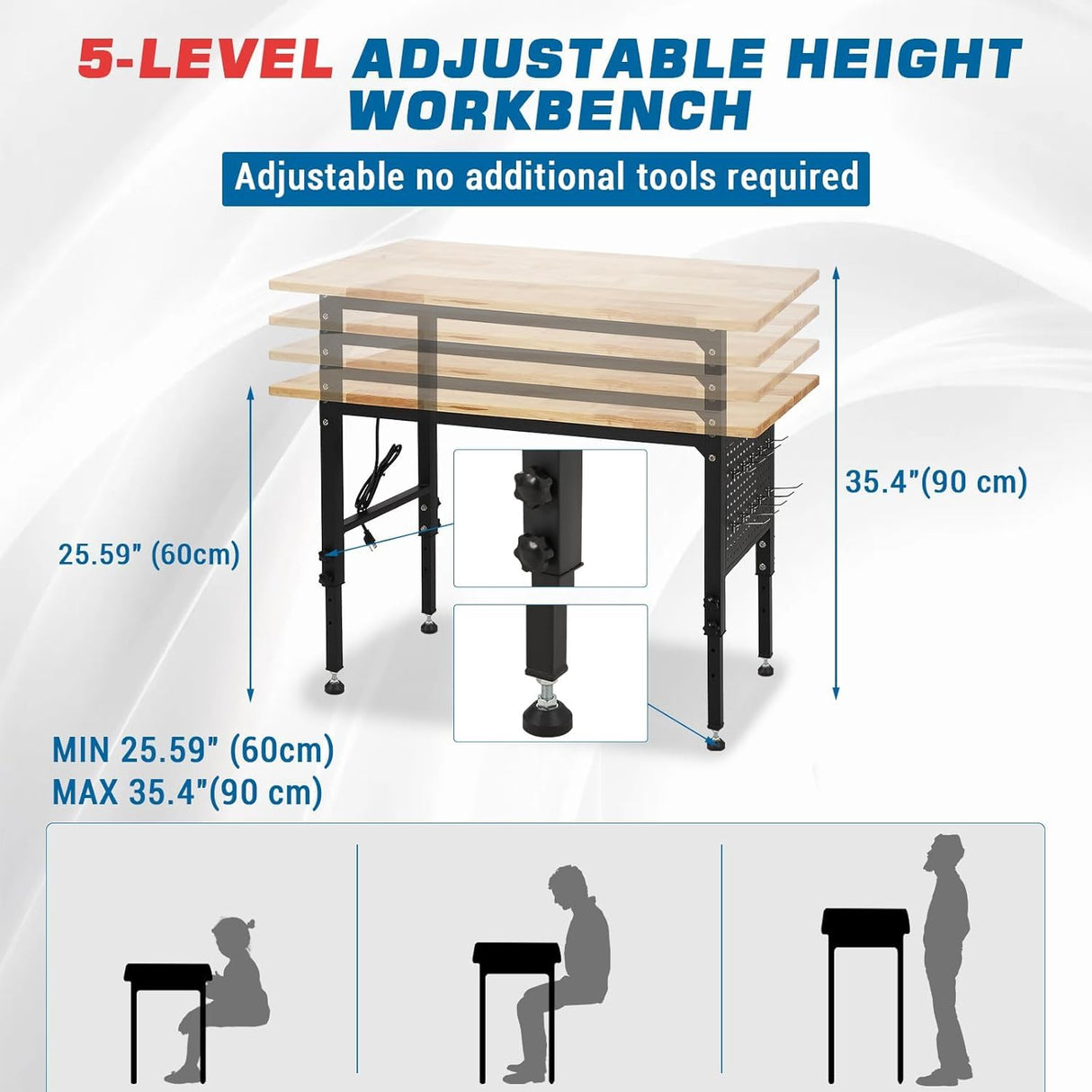 48" Heavy-Duty Height Adjustable Workbench, 2000 Lbs Capacity Hardwood Worktable Work Bench with Power Outlets, Brake Wheels for Garage Workshop Office Home Woodworking Shop Doppeltcharms