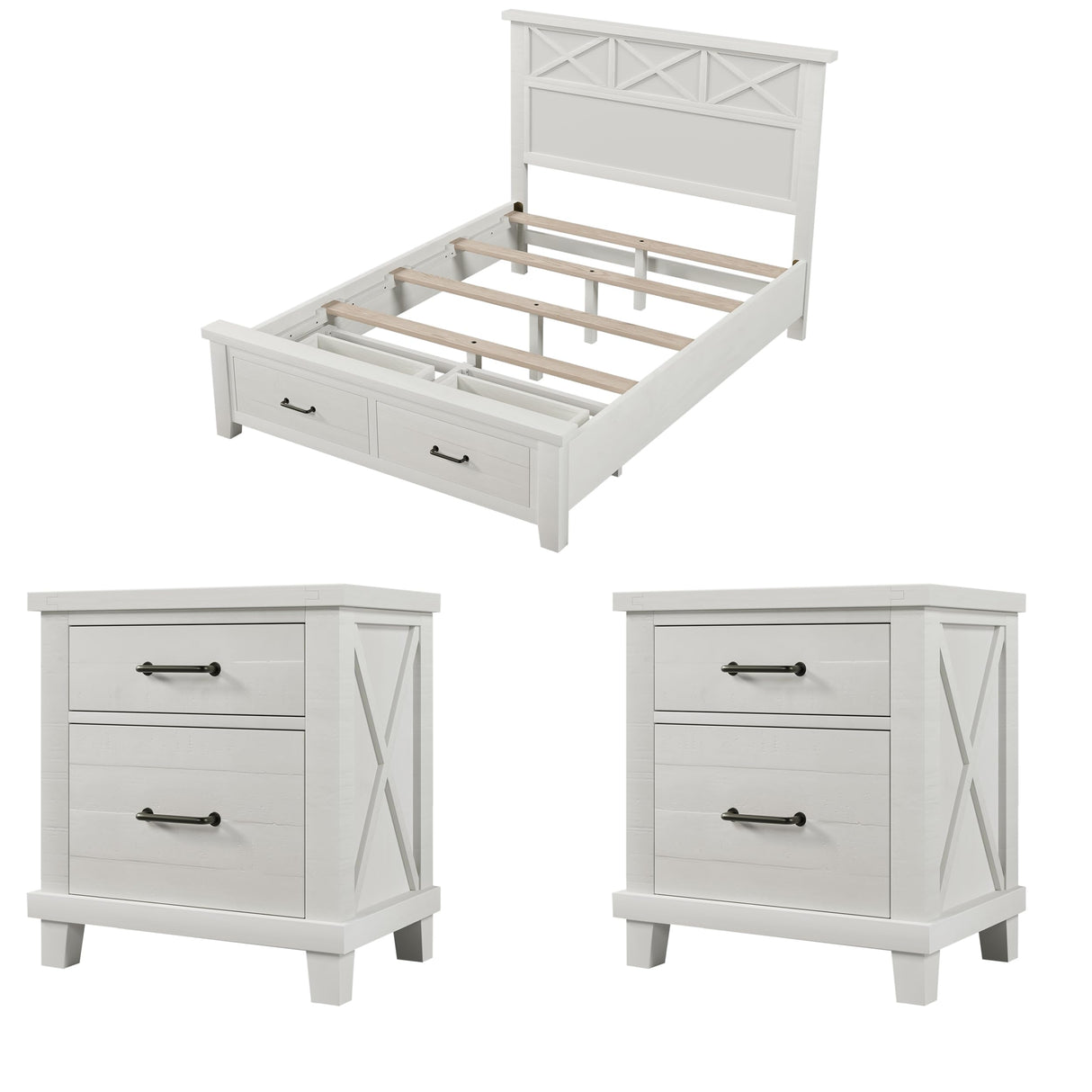 XD Designs Rustic Farmhouse 3 Pieces Bedroom Sets, Wood Queen Size Platform Bed with 2 Nightstands and Footboard Drawer Storage, Sturdy Slats Support (Whitewash-3ps) XD Designs