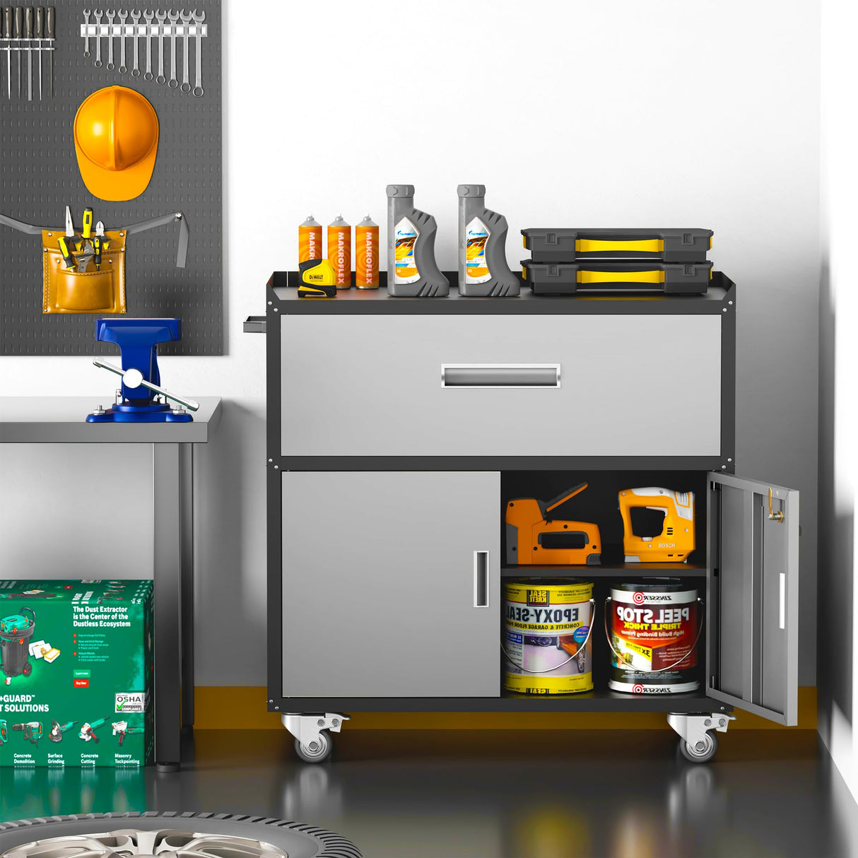 LCAOPC Metal Garage Storage Cabinet with Wheels, Lockable Rolling Tool Chest with Wheels, Tool Cabinet on Wheels, Utility Cabinet for Home, Office, Garage and Workshop, Black & Gray LCAOPC