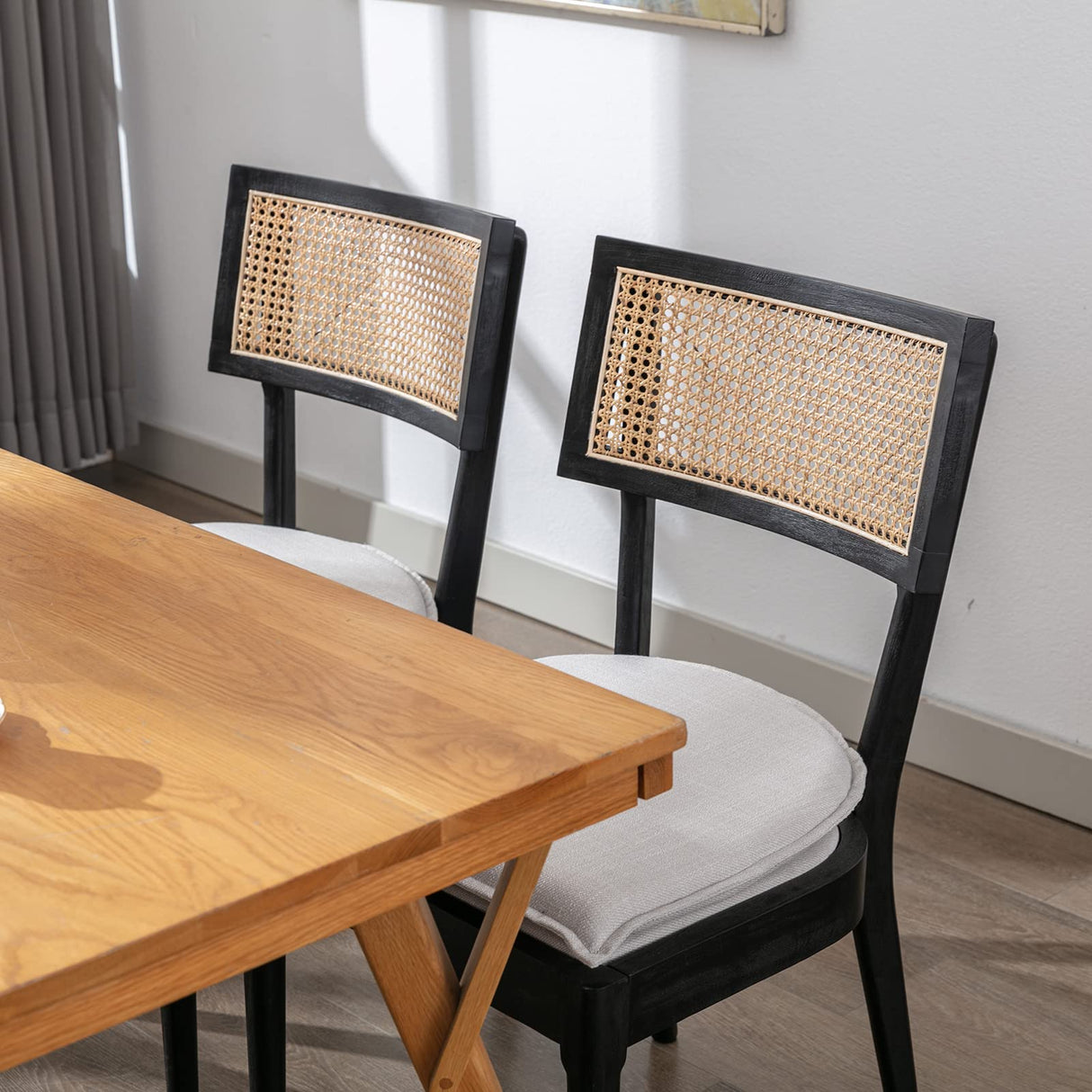 QUINJAY Rattan Farmhouse Dining Chairs Set of 4, Linen French Country Dining Chairs with Hollow Back, Double Upholstered Dining Room Chairs Rustic Kitchen Chairs with Wood Frame for Living Room, Black QUINJAY