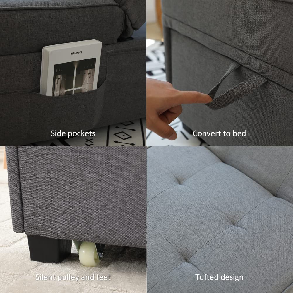 Cynefin Futon Chair with Lumbar Pillow and 3 Side Pockets, Sofa Bed Chair, Convertible 4 in 1 Ottoman Bed Tufted Fabric Gray (M, Gray) Cynefin