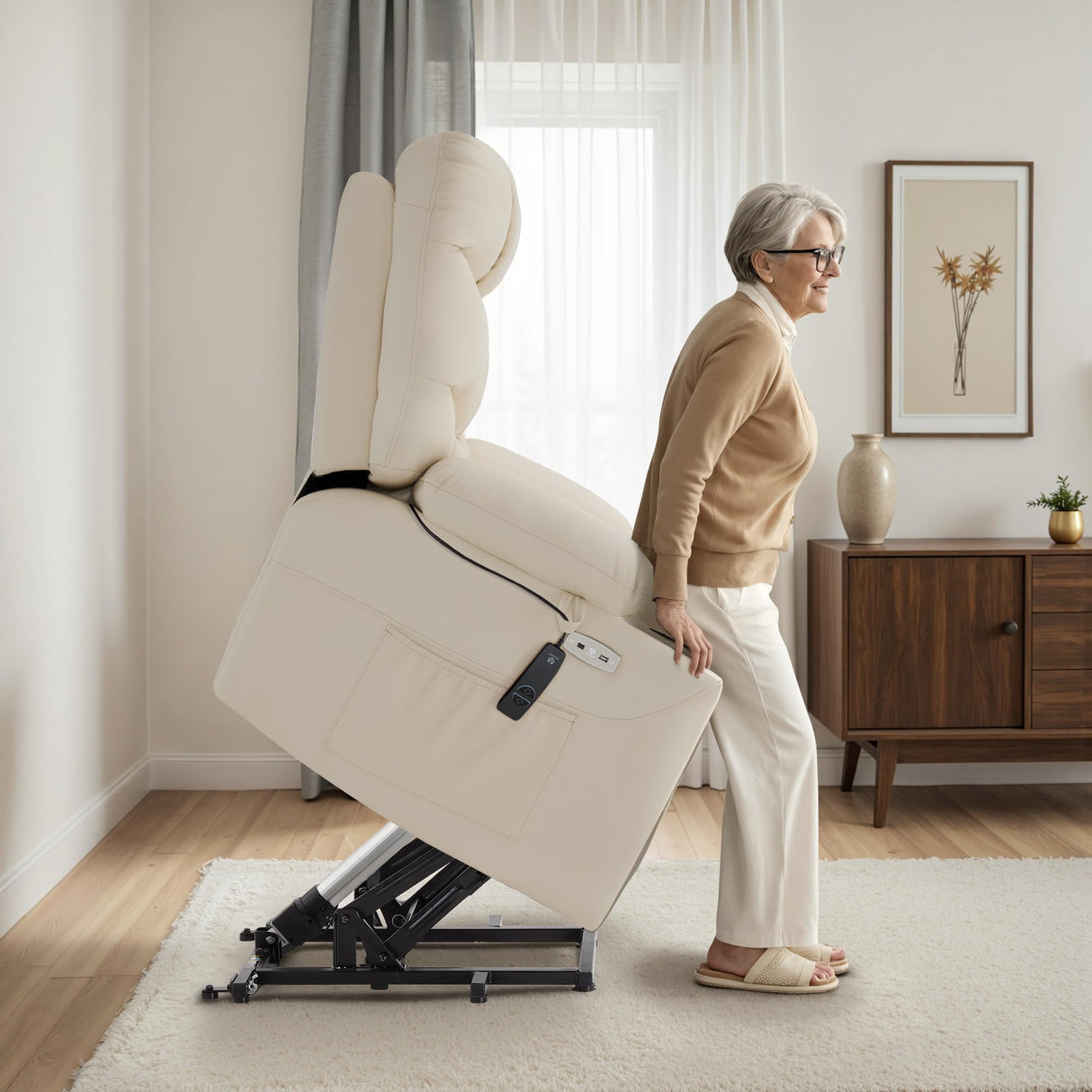 MCombo Oversized Power Lift Recliner Chair with Extended Footrest for Elderly People, Faux Leather R7289 (Cream White, Oversize) MCombo