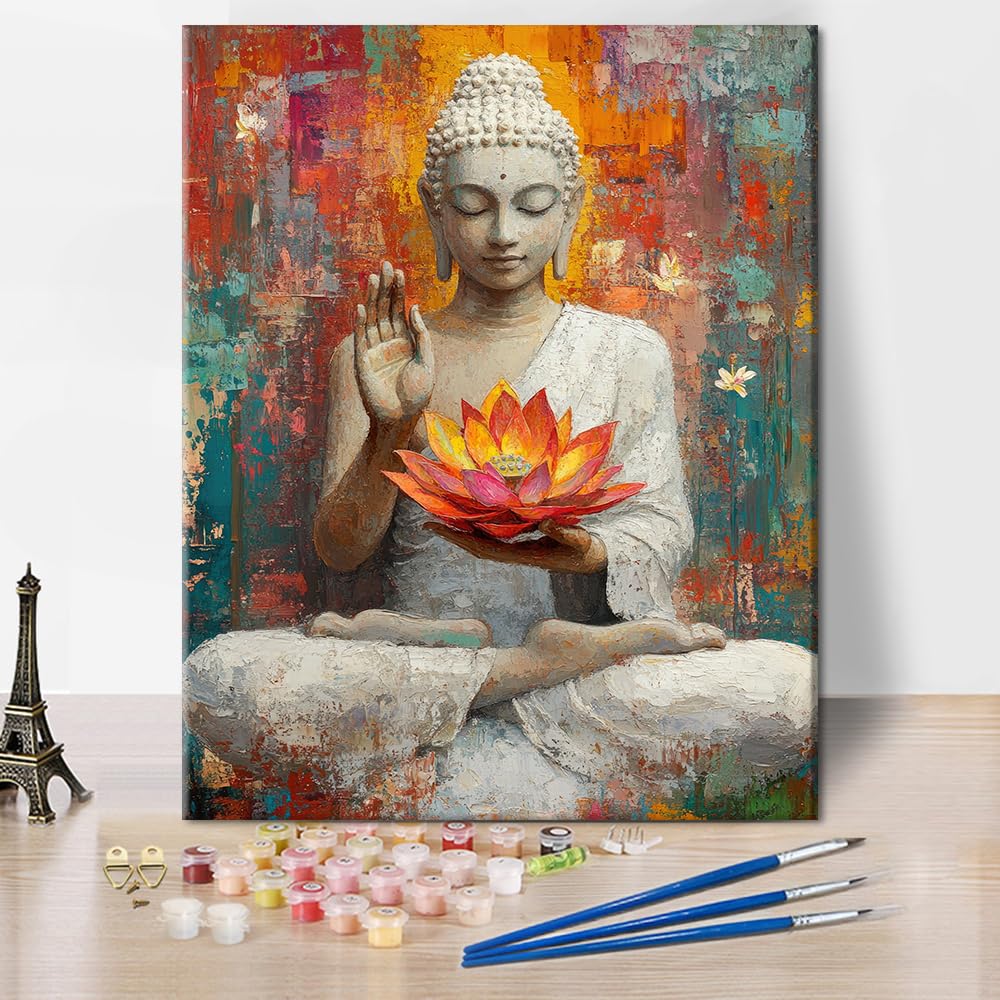 TUMOVO Paint by Numbers Kit for Adults Statue of Buddha Adult Paint by Number with Brushes Buddha Holding Colorful Lotus Flower Painting Oil Paint by Numbers DIY Painting Art Crafts for Home 16x20 in TUMOVO