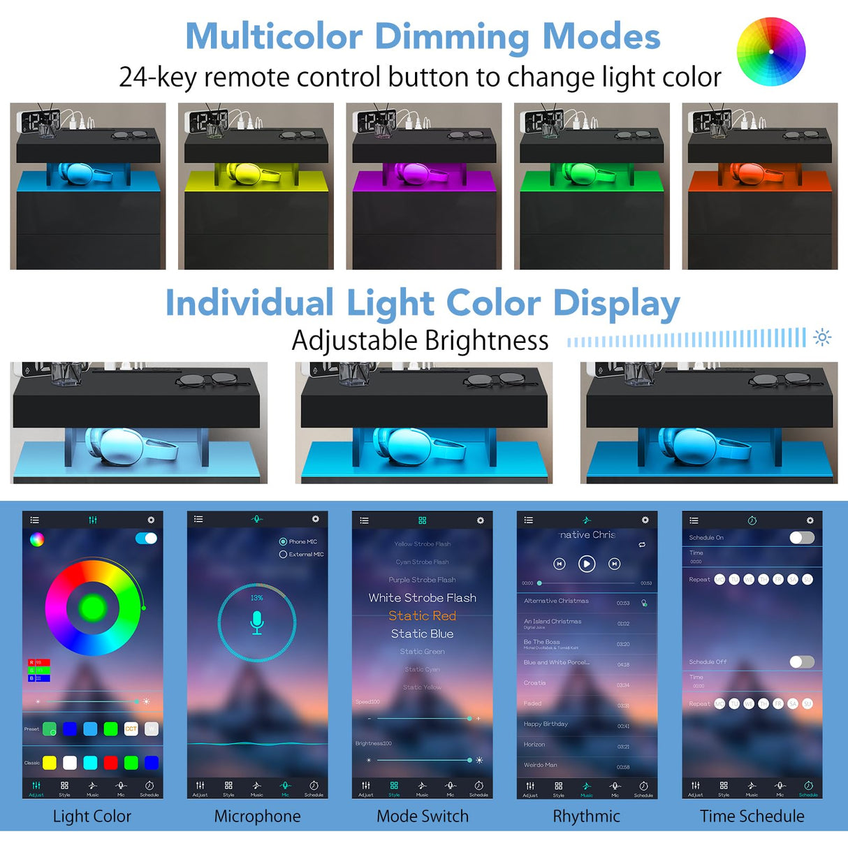 HOMMPA LED Nightstand with Wireless Charging Station & USB Ports, 3 Drawer Night Stand with LED Light RGB Adjustable Brightness, Smart Nightstand High Gloss Bedside Table for Bedroom Black HOMMPA