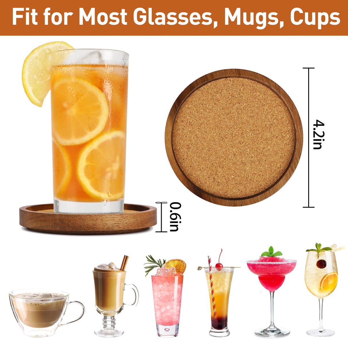 Zovano Wooden Drink Coasters Set of 4, Stackable Cup Coaster for Table, 4.2 inch Absorbent Cork Coasters Set for Tabletop Protection, Rustic Glass Coaster for Coffee, Home Decor. ZOVANO