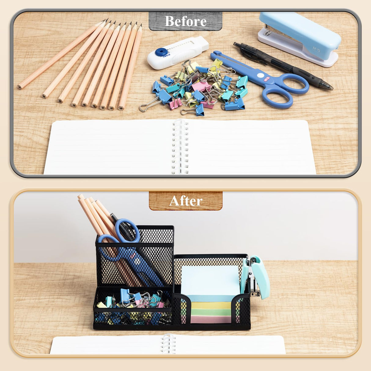 M&G Mesh Pen Holder Desk Organizers Pencil Holder for Desk Black, 3 Compartments Metal Office Supply Organizer with Sticky Notes Holder for School Home Office M&G