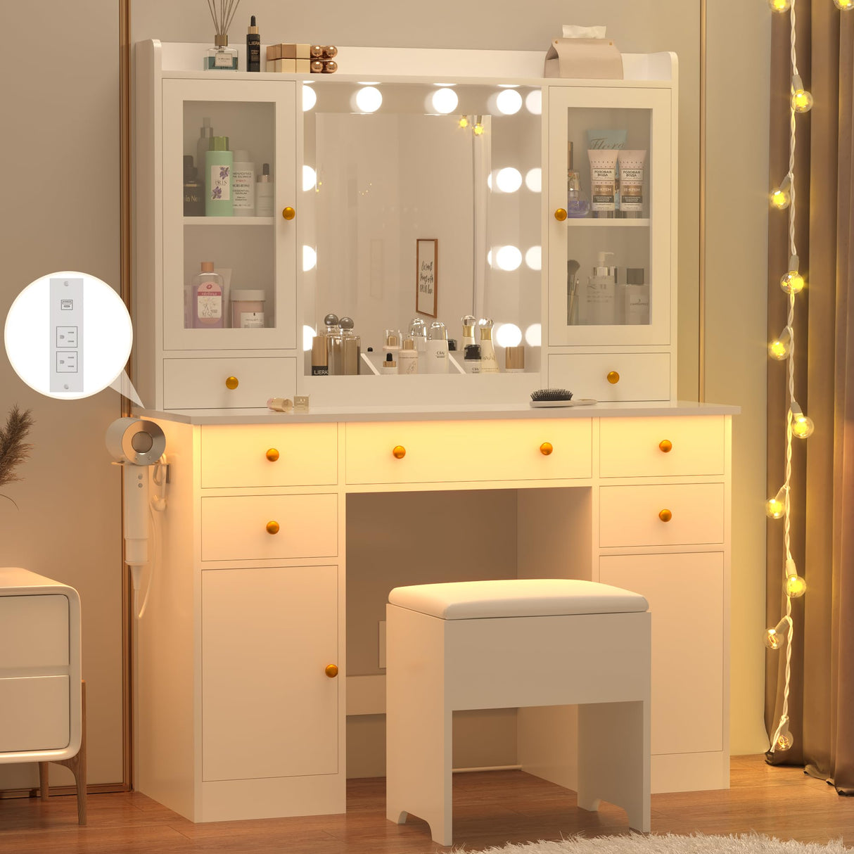 Wodeer Vanity Desk with Mirror and Lights, 43" White Makeup Vanity Set with 5 Drawers & Glass Cabinets, Storage Stool, Power Outlet & Adjustable LED Lights, Dressing Table for Women & Girls Bedroom Wodeer