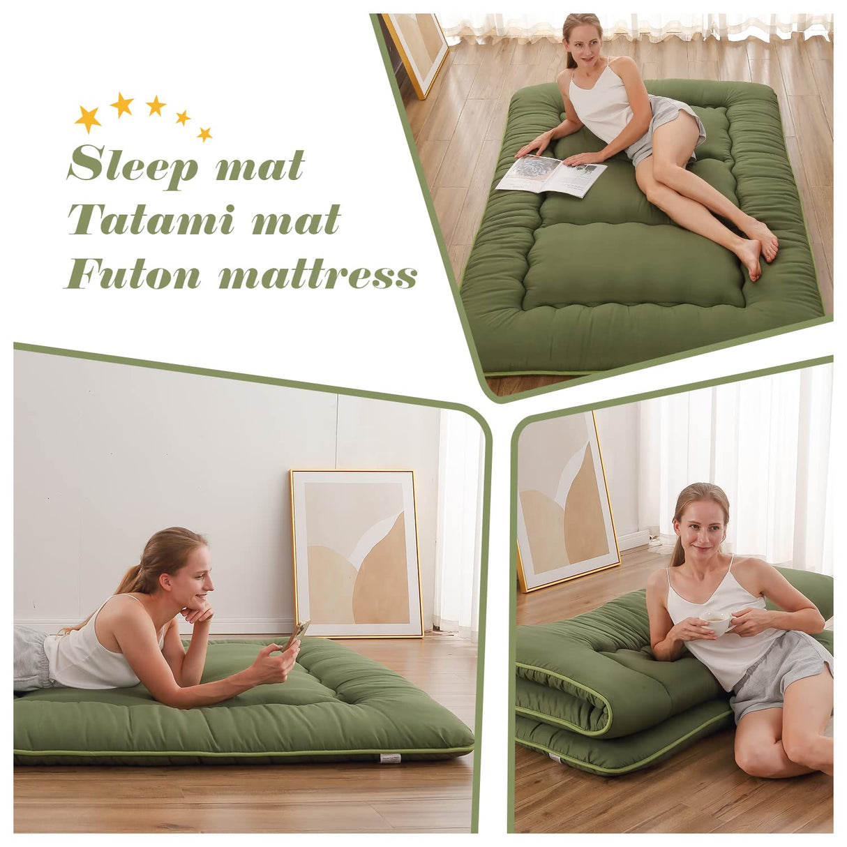 Zelladorra Japanese Floor Mattress, Futon Mattress with Portable Storage Bag, Roll Up Mattress Thick Tatami Mattress Suitable for Camping, Guest Room, Green, Twin Zelladorra