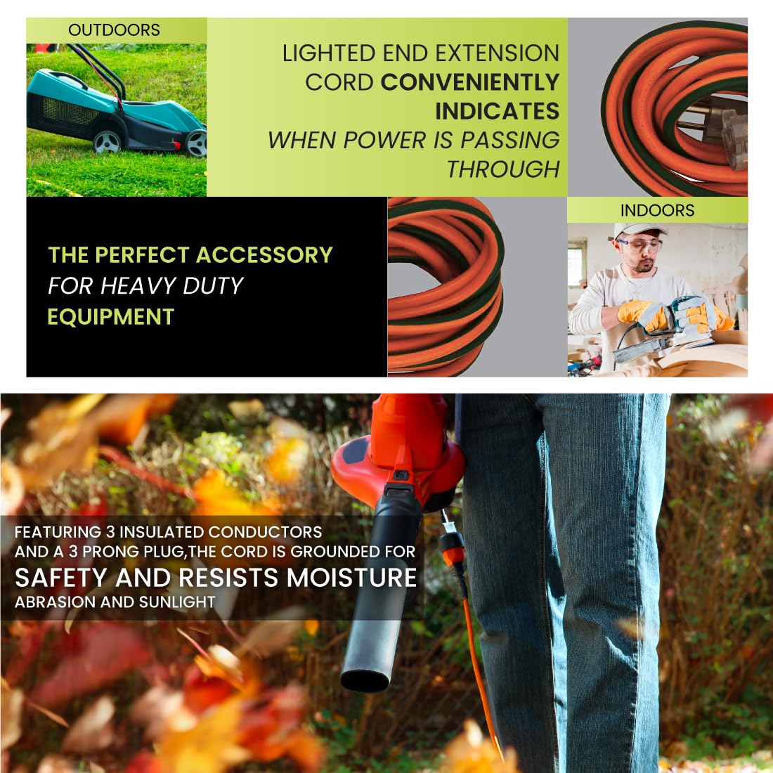 Go Green Power Inc. 16/3 25ft Outdoor Extension Cord with Lighted End - Contractor Grade, Durable, and Moisture Resistant - Ideal for Heavy Duty Tools - GG-13725 Power By GoGreen