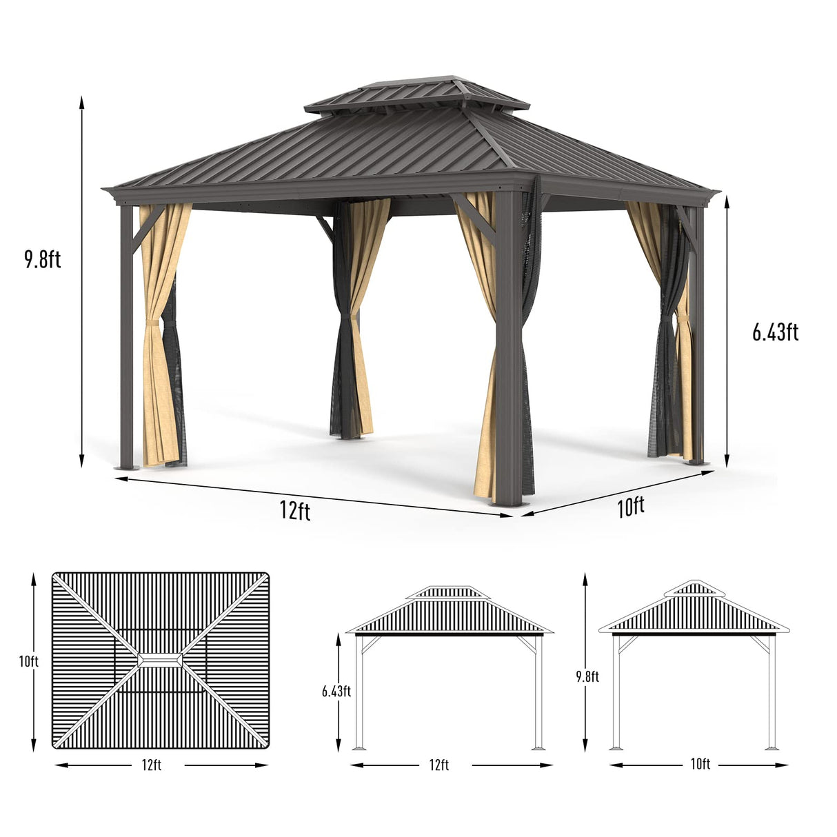 Gazebo 10' x 12' with Mosquito Net and Privacy Sidewalls, Patio Aluminum Permanent Gazebo, All Weatherproof Outdoor Hardtop Metal Gazebos MOWOX POWER